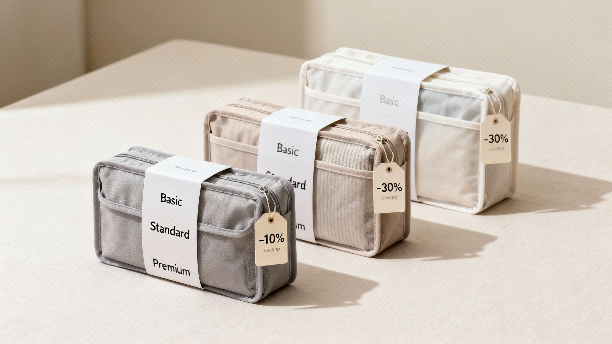 Three neatly packaged storage organizers in grey, beige, and white, with 'Basic' labels and discount tags.