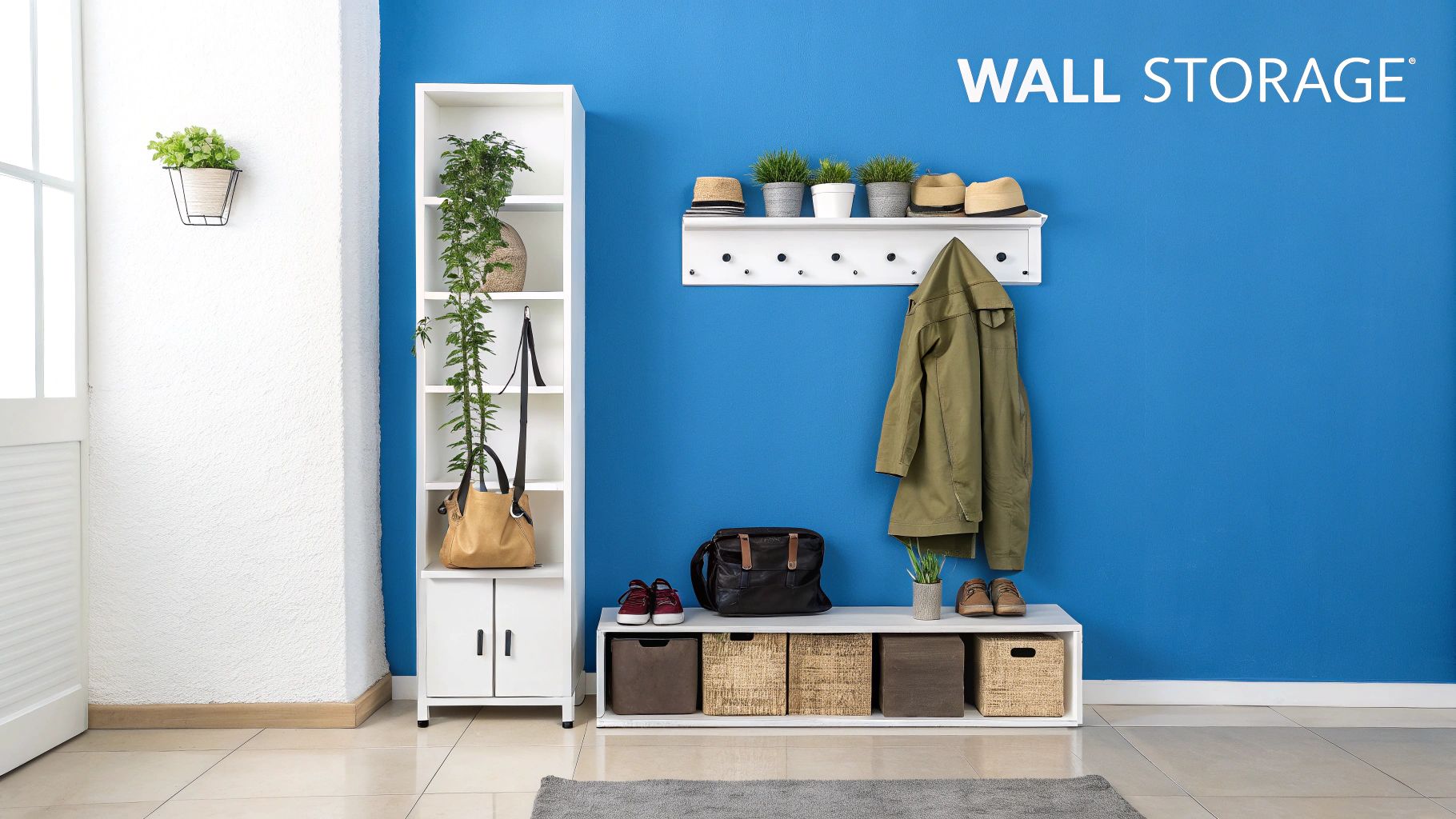 An organized entryway featuring white storage shelves, a coat rack, and a shoe bench against a blue wall.