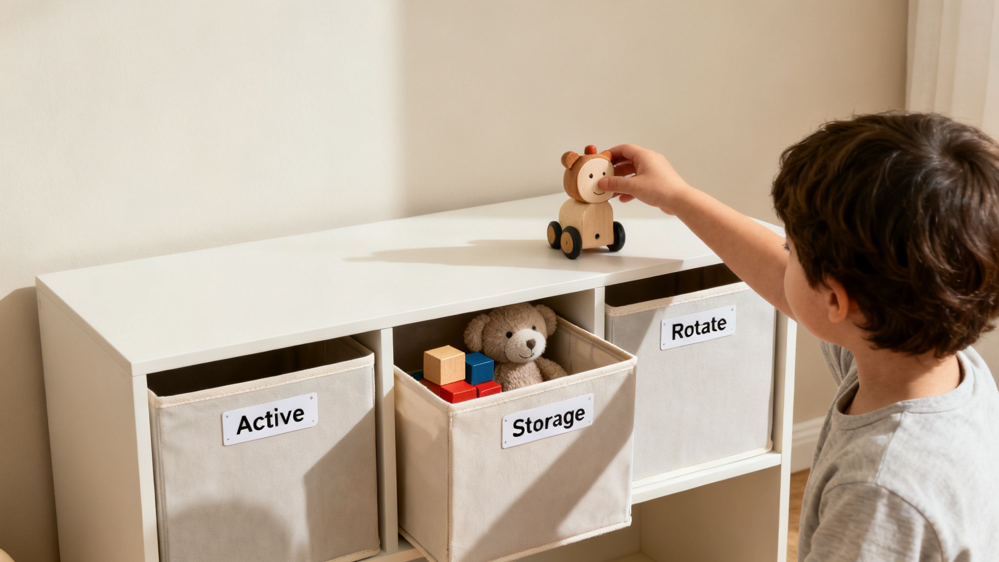 A child's hand reaches for a wooden toy on a white storage unit with labeled fabric bins.