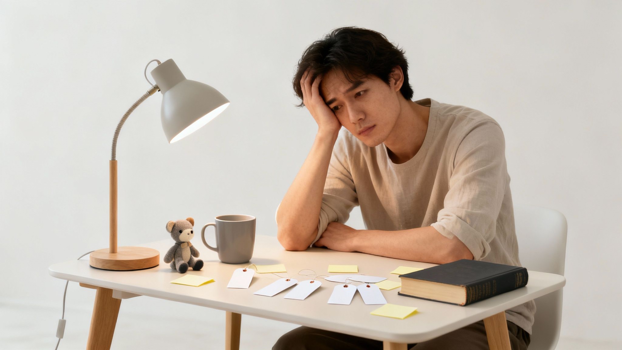A stressed young man sits at a desk with a lamp, mug, book, and blank tags.