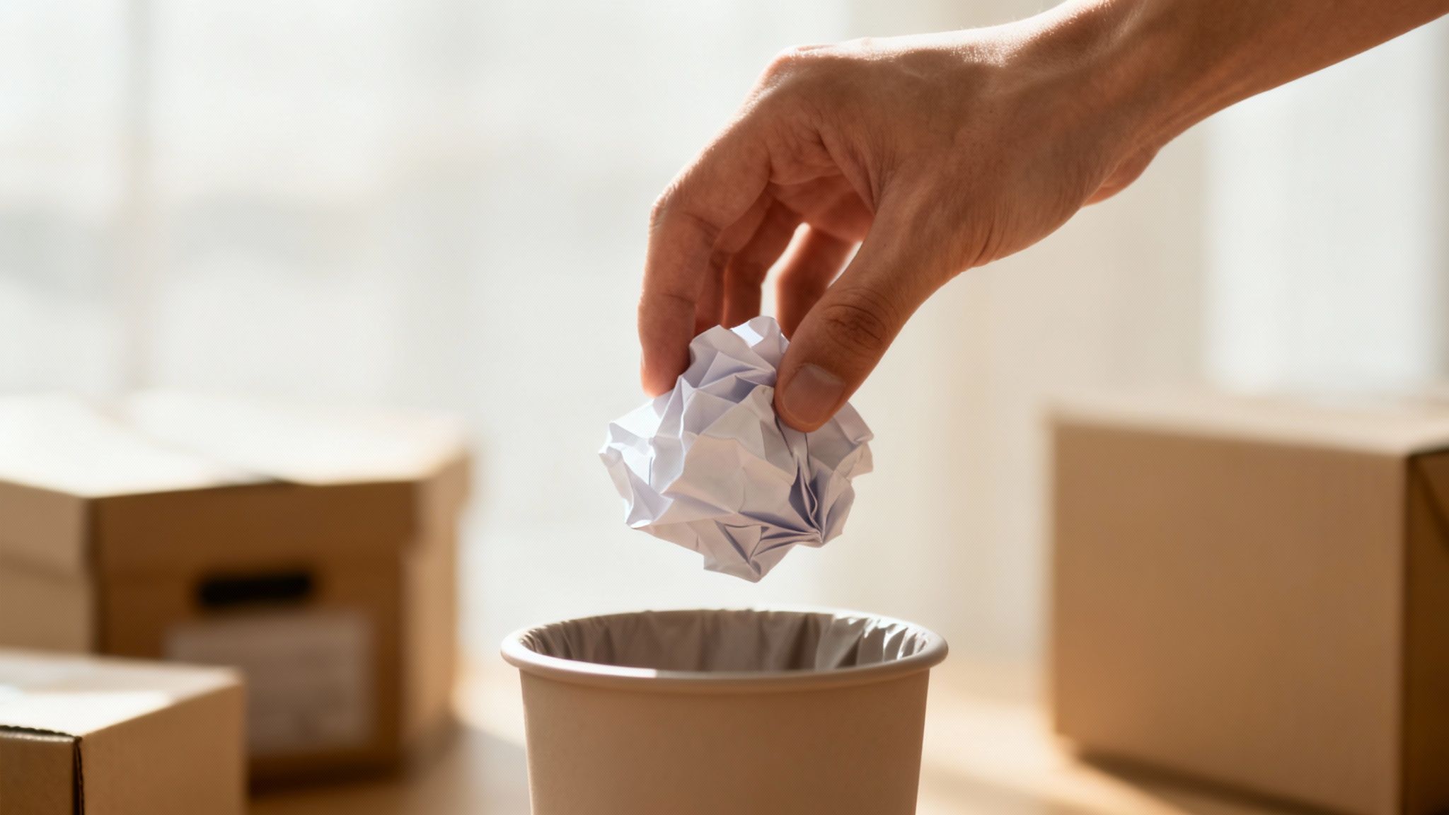 A hand drops a crumpled piece of white paper into a beige bin, with blurry cardboard boxes in the background.
