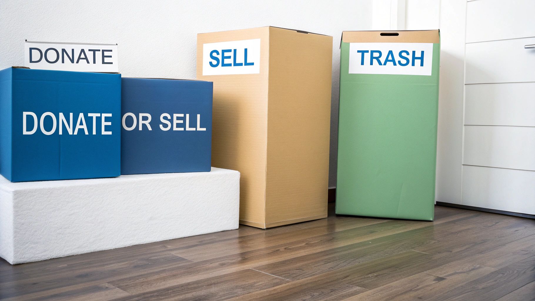 Cardboard boxes labeled for decluttering items into donate, sell, or trash categories.