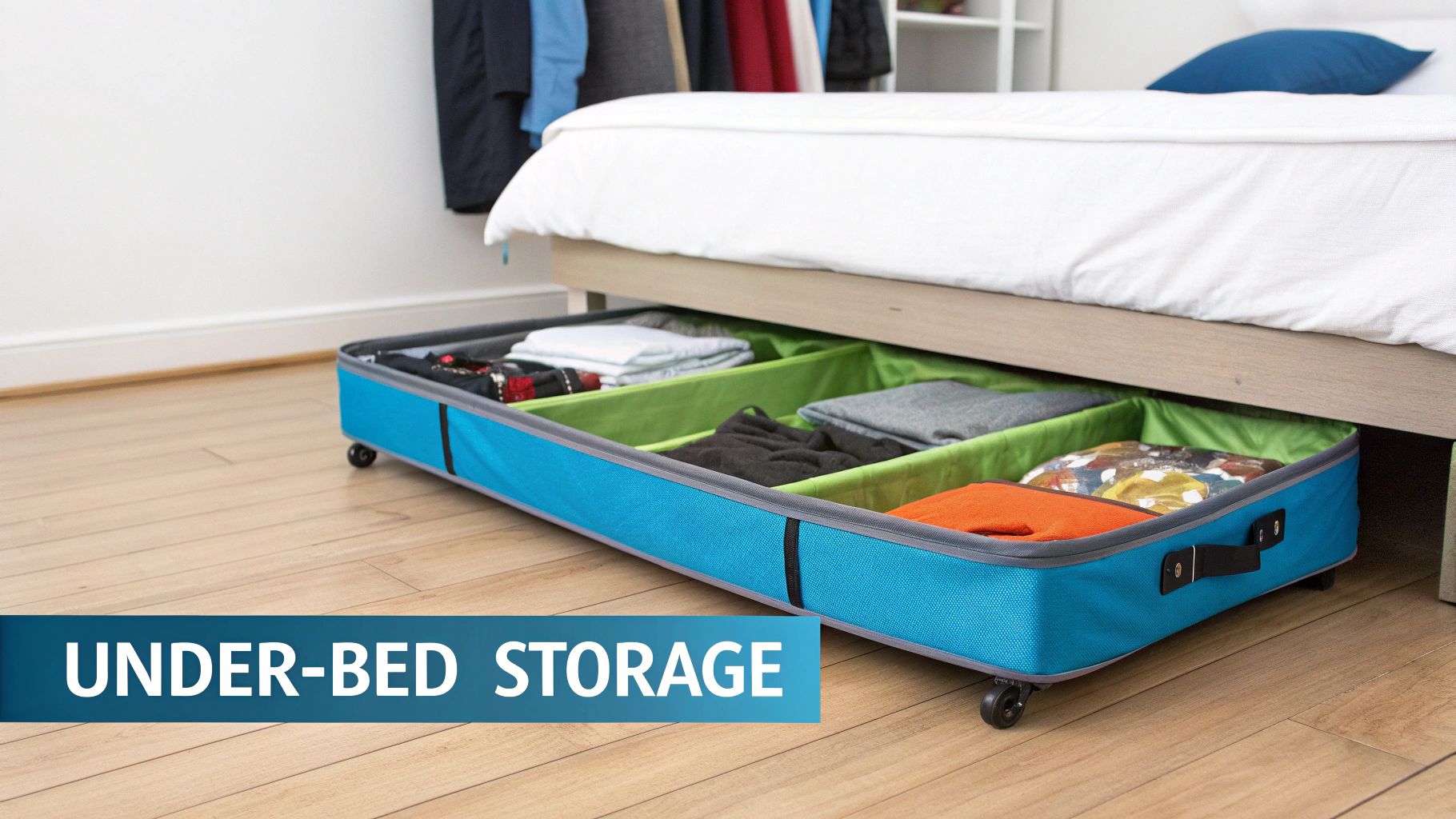 Blue wheeled under-bed storage unit filled with folded clothes neatly organized under a bed.