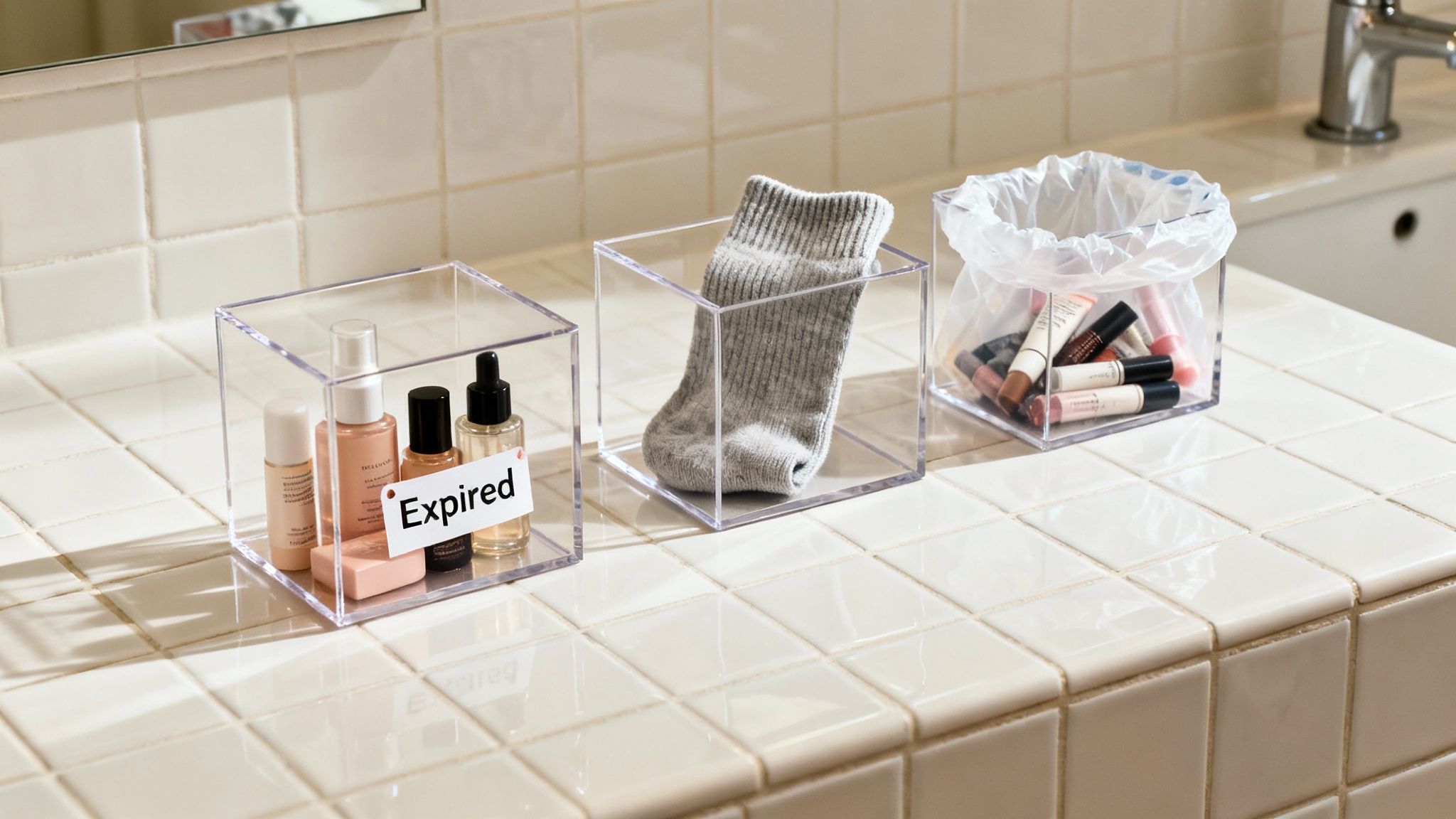 Three clear organizers on a bathroom counter, holding expired beauty products, a sock, and makeup.