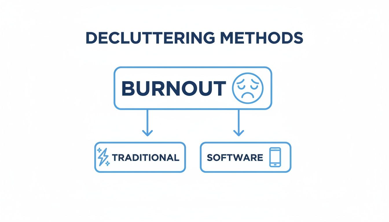 Flowchart illustrating decluttering methods to address burnout, categorized into traditional and software solutions.