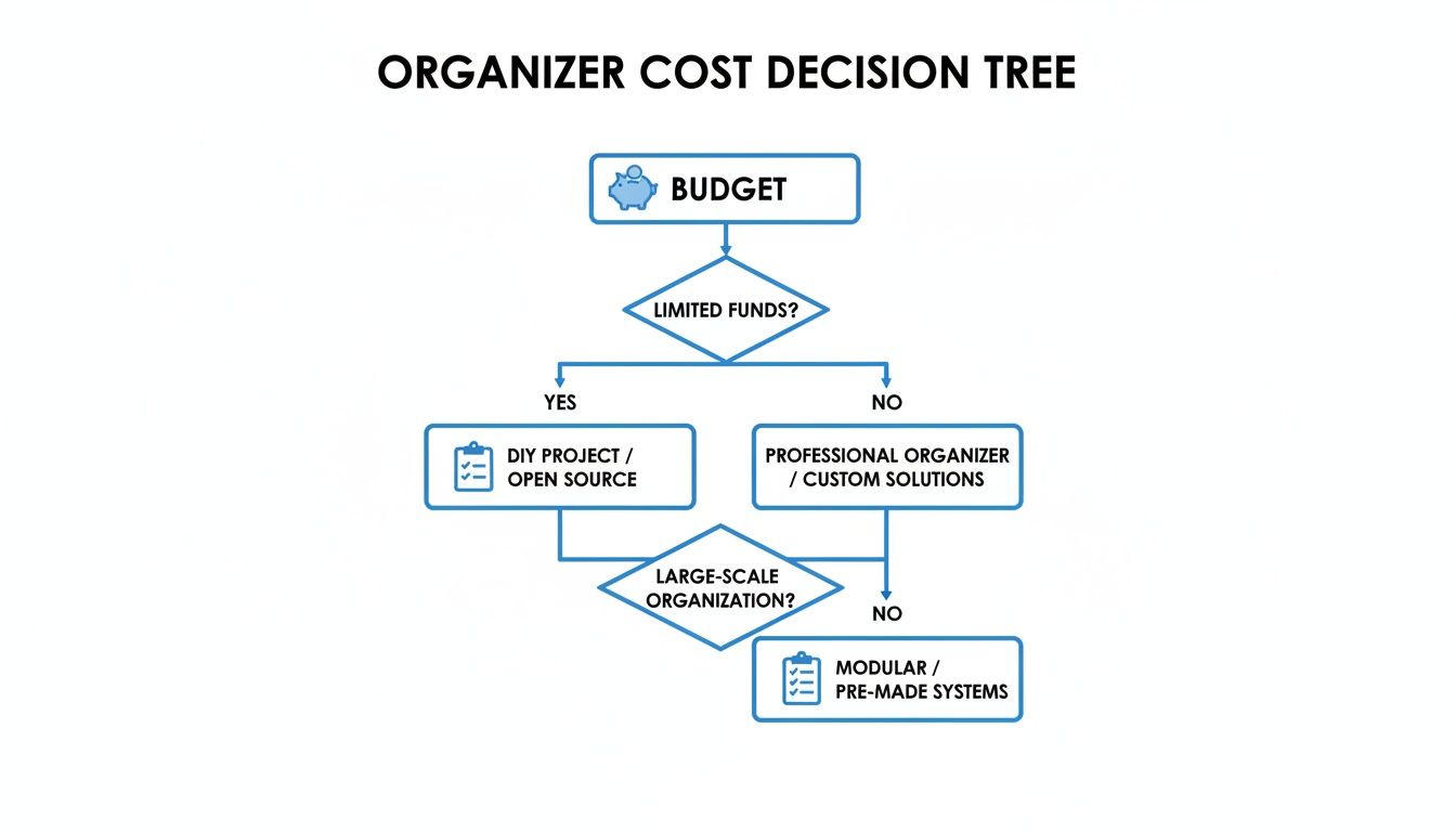 A decision tree flowchart illustrating cost considerations for organization, from budget to DIY or professional solutions.