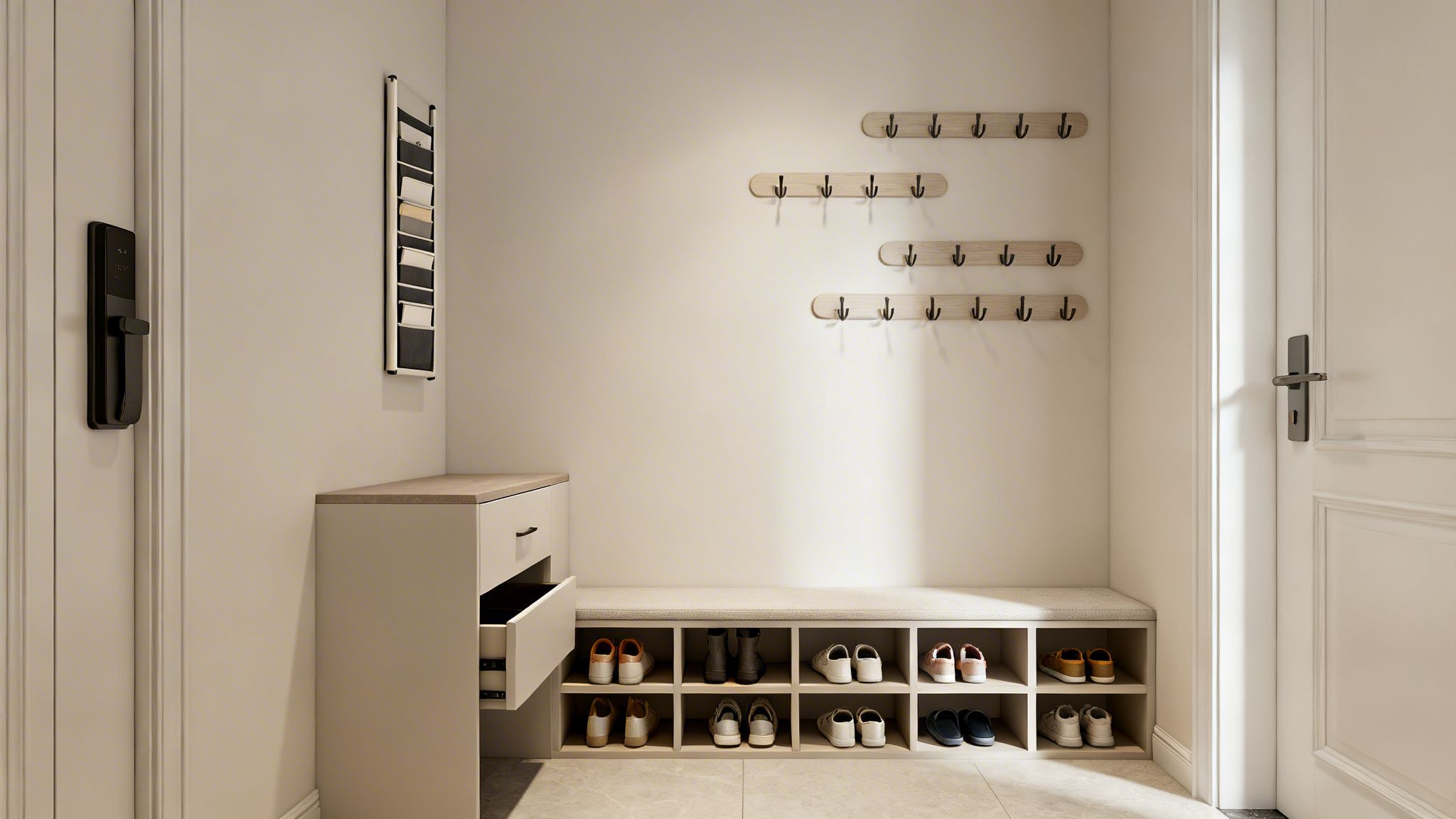 A well-organized entryway features a shoe storage bench, coat racks, and a small drawer unit.