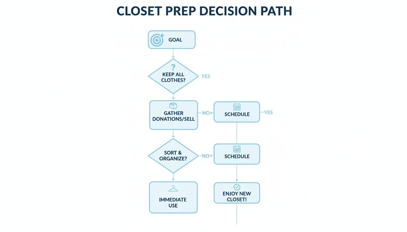 A flowchart detailing the closet prep decision path, guiding users through organizing and decluttering clothes.