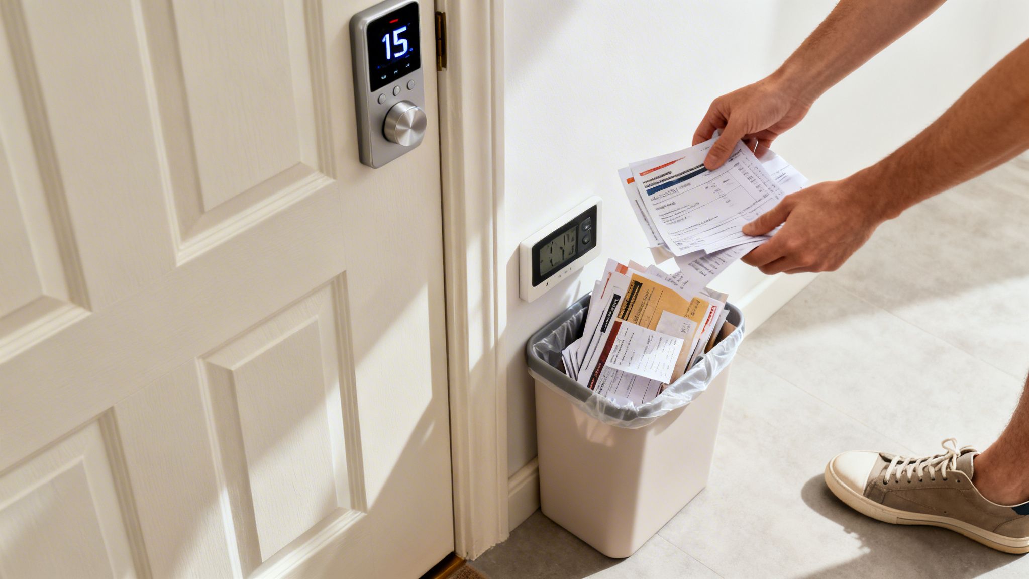 A person's hands are disposing of various papers into a trash can next to a white door with a smart lock.