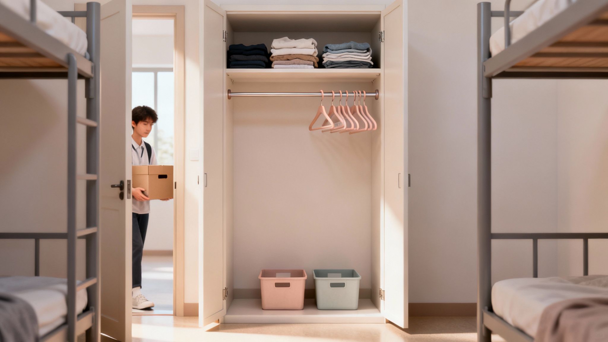 A young man enters a dorm room with bunk beds, carrying a box towards an open, organized closet.