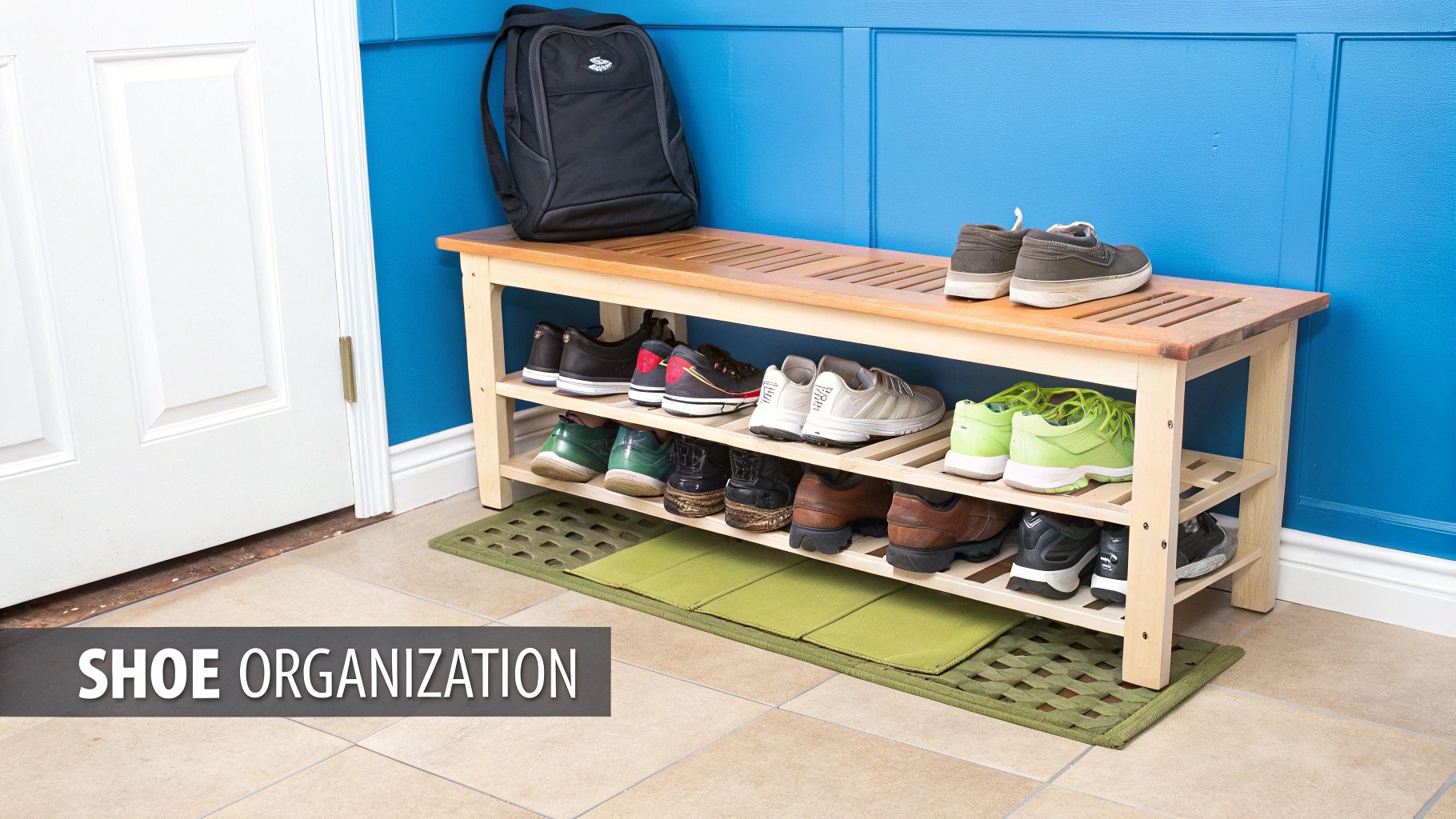 An entryway features a wooden shoe bench with organized shoes, a backpack, and green mats on a tiled floor.