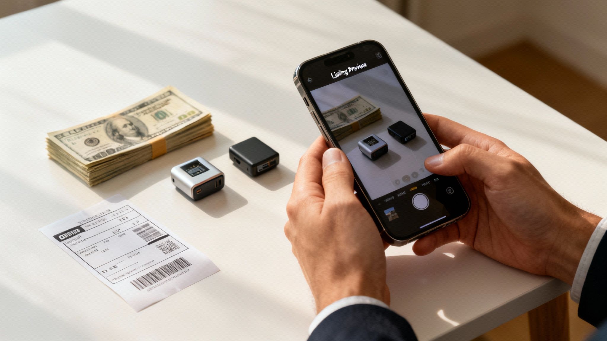 Hands hold a smartphone, taking a picture of cash, two tech gadgets, and a paper receipt.