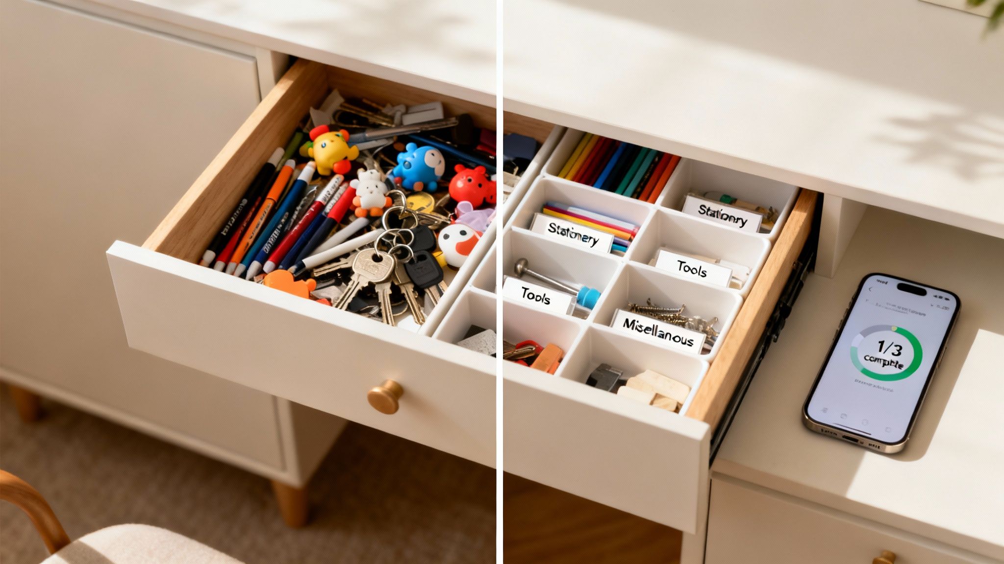 A split image showing a messy drawer and an organized drawer with labeled compartments, plus a phone app.