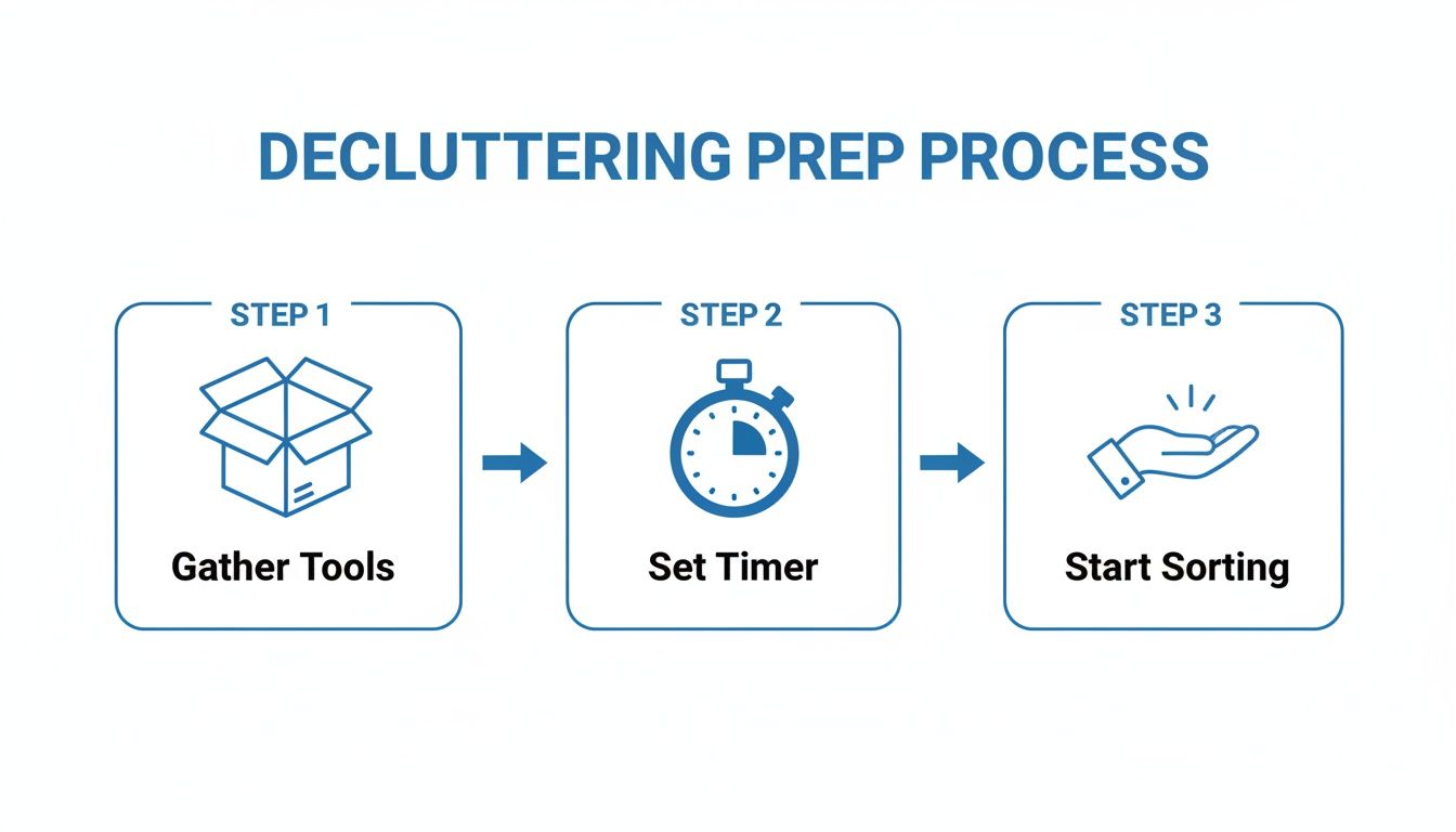 A decluttering prep process flow chart with three steps: gather tools, set timer, and start sorting.