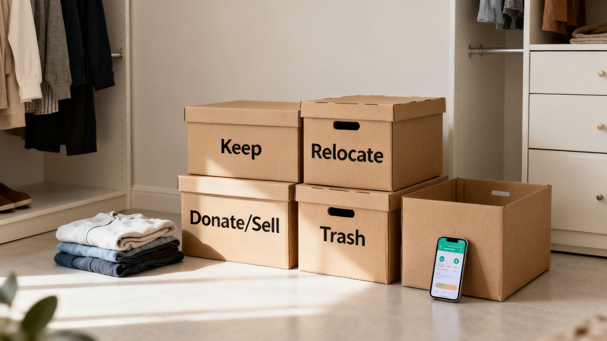 Cardboard boxes labeled for keeping, relocating, donating, and trashing items in a organized closet.