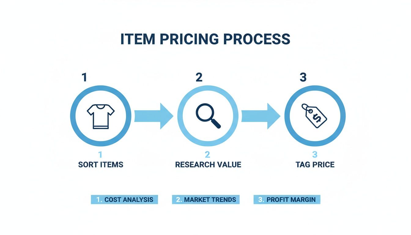 Diagram outlining a 3-step item pricing process: sort items, research value, and tag price.