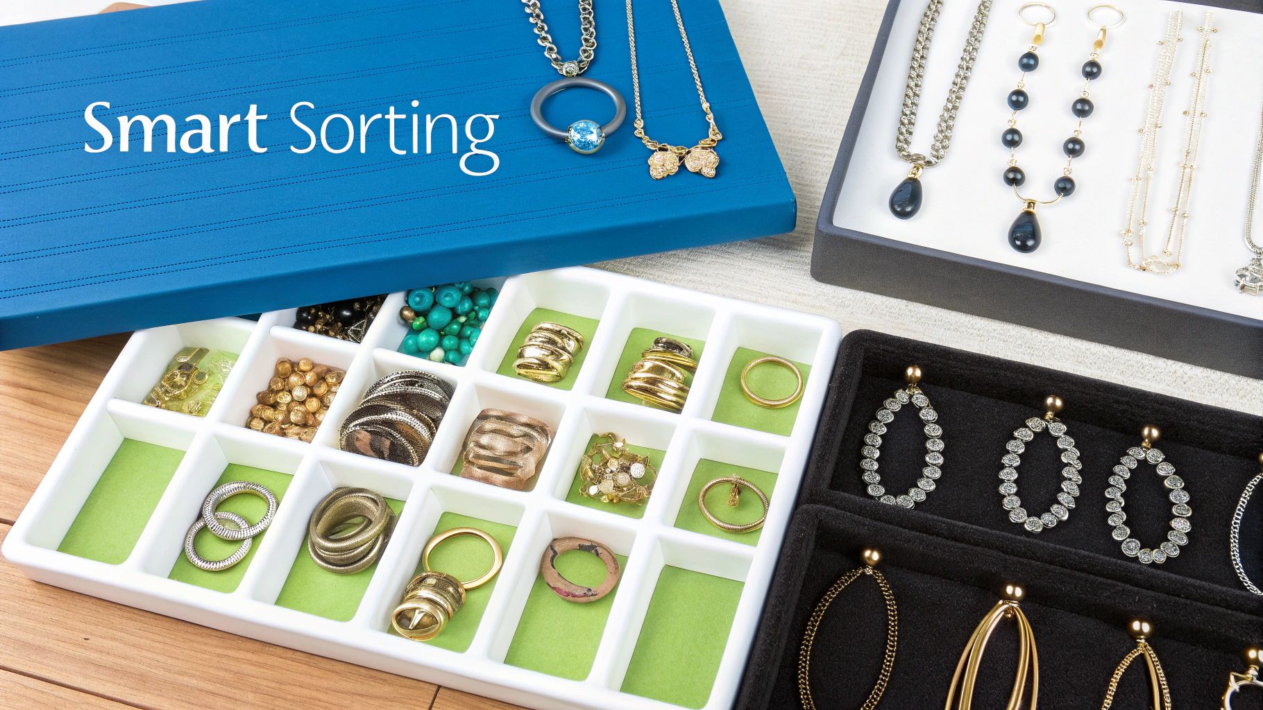 Various jewelry pieces, including necklaces, rings, and earrings, neatly organized in sorting trays and a blue box.