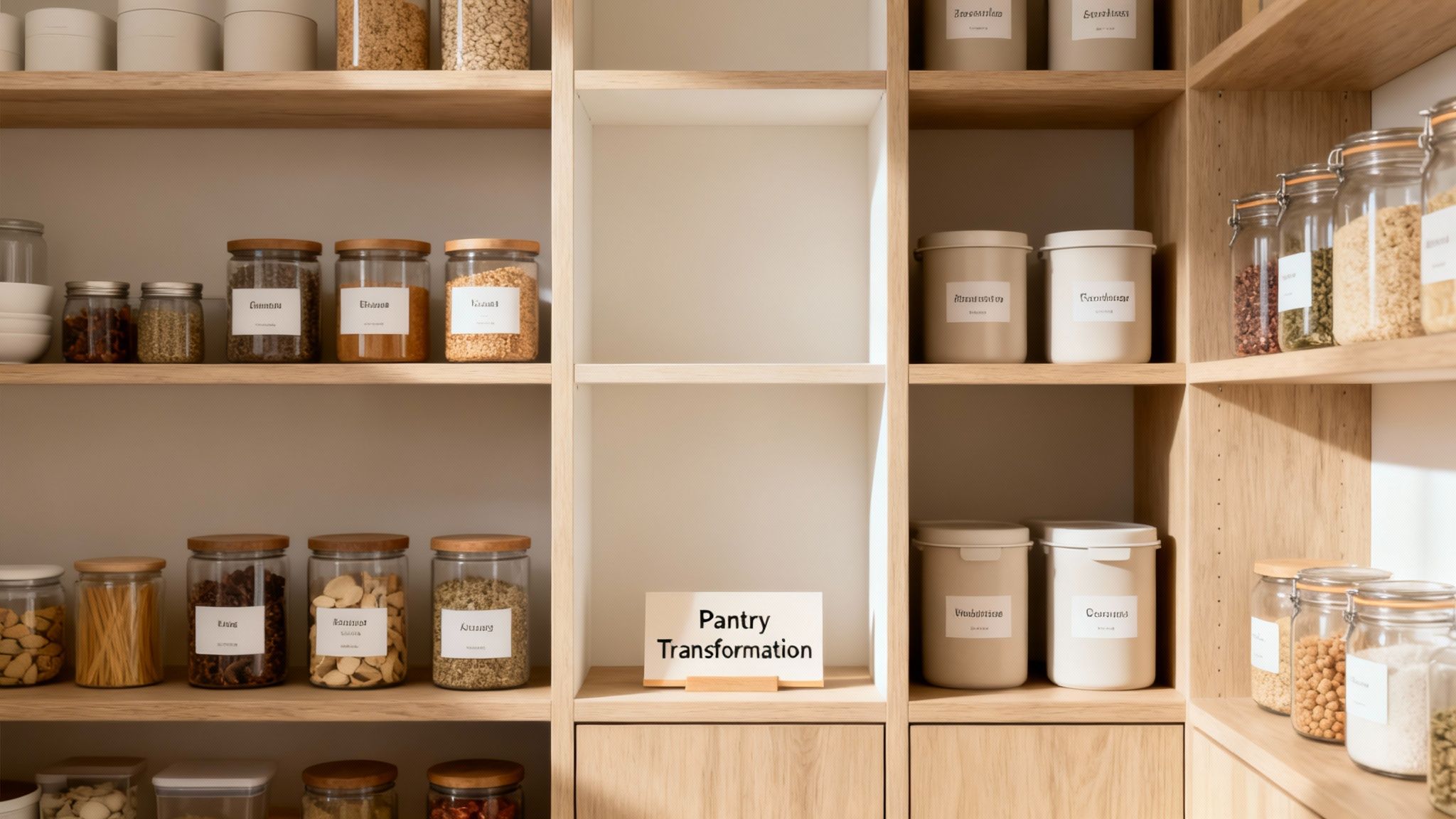 A pristine kitchen pantry displaying labeled jars of ingredients, signifying a transformation.