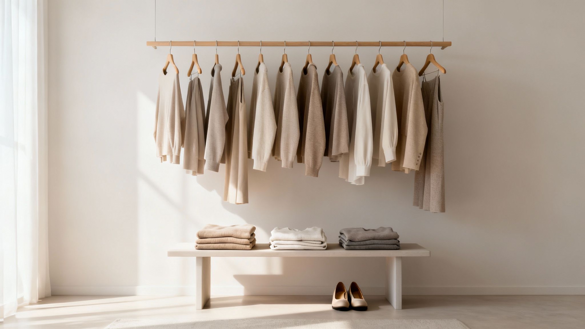 Neutral-toned knitwear and clothing hanging on a rack and folded on a bench in a minimalist room.