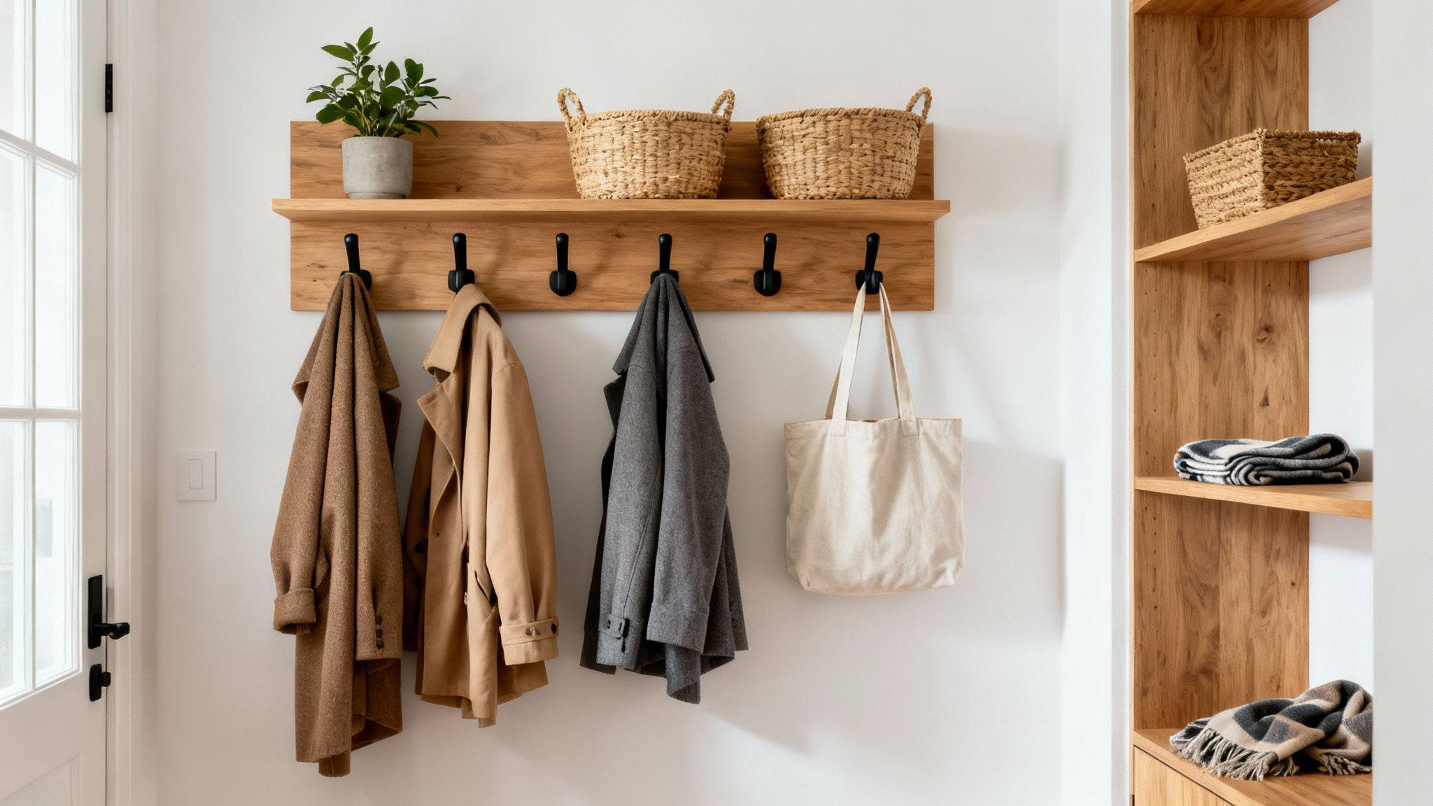 A stylish entryway featuring a wooden coat rack with various coats, baskets, and a plant, next to a built-in shelving unit.