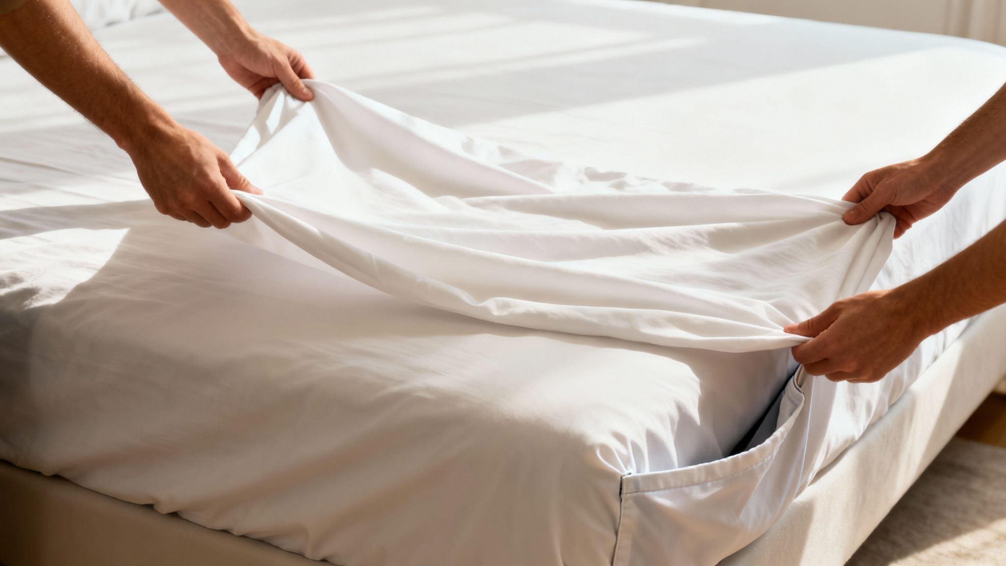 Hands are pulling a fresh white fitted sheet over a mattress, neatly making the bed.
