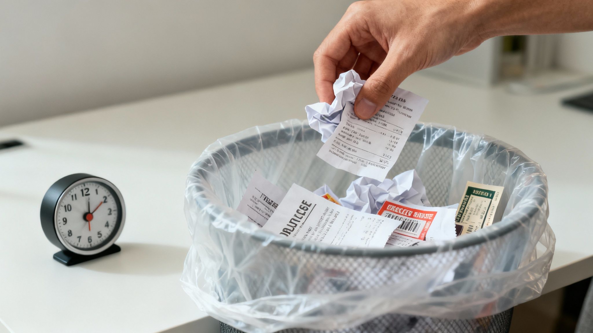 A hand drops a crumpled receipt into a small office waste bin on a white desk.