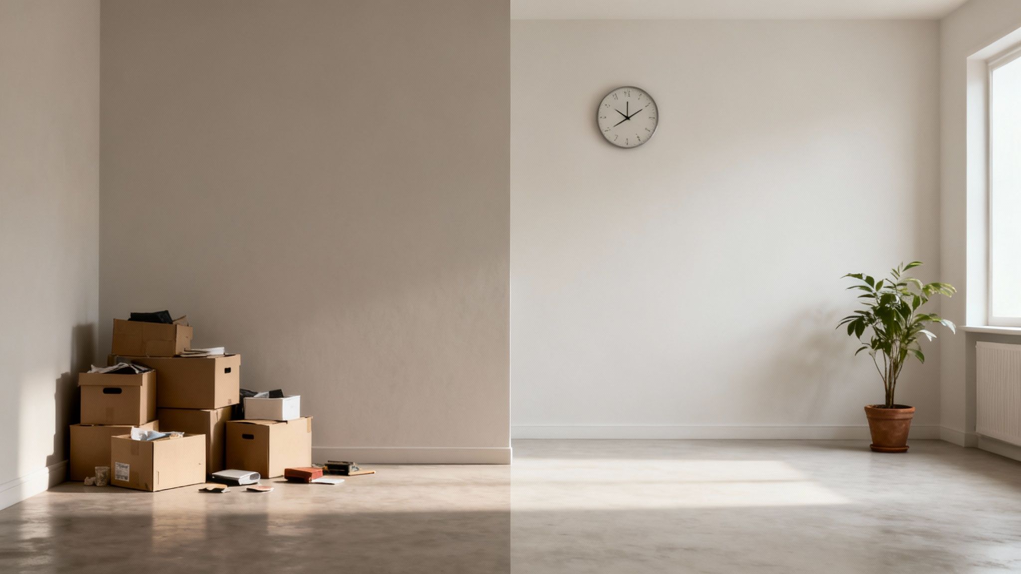 A room split in half, one side messy with moving boxes, the other clean and empty.