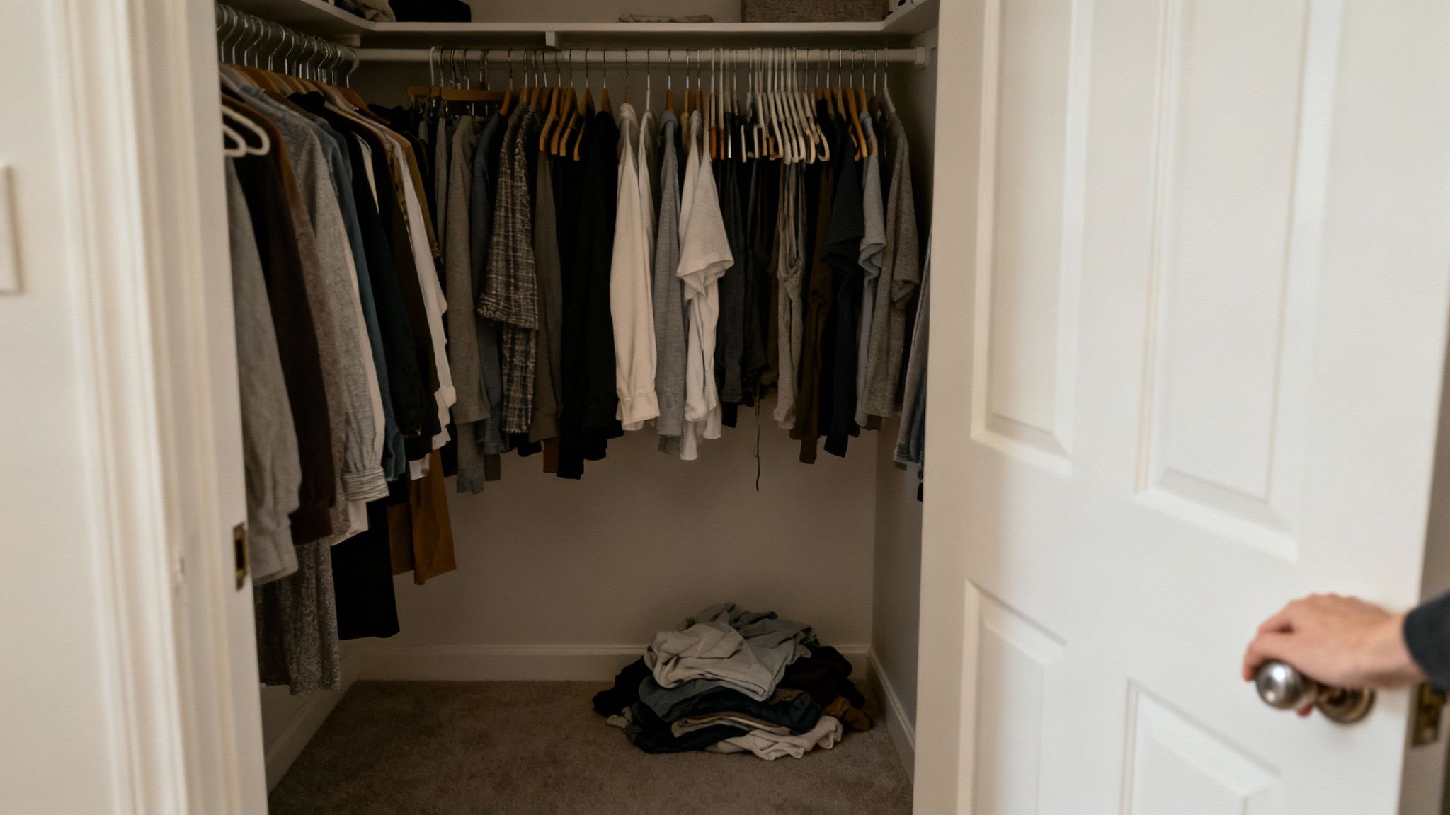 A hand opens a white closet door revealing clothes hanging neatly and a pile on the floor.