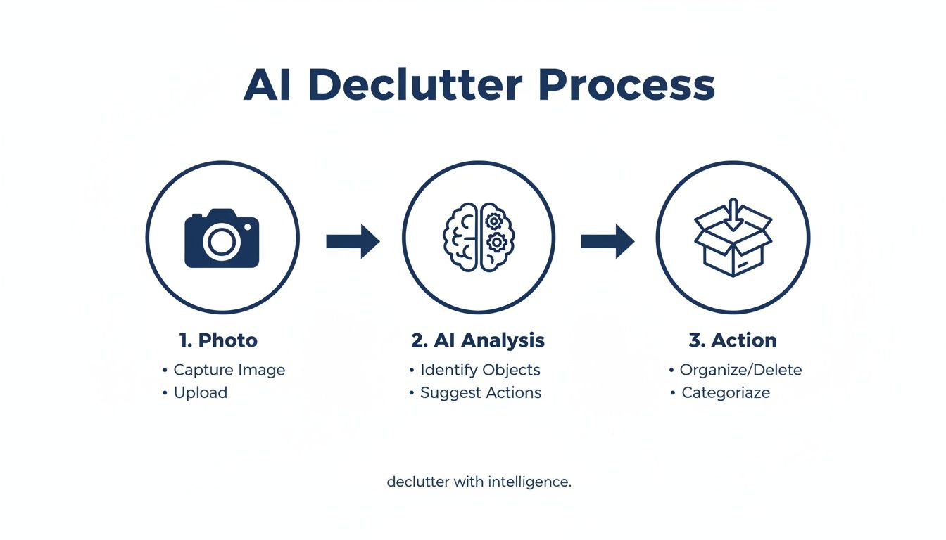 Diagram showing a three-step AI declutter process: Photo, AI Analysis, and Action, with descriptions.