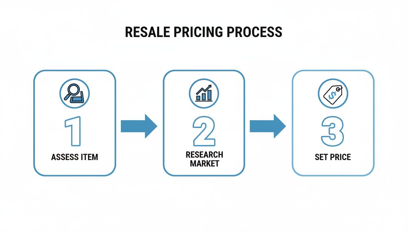 Flowchart illustrating the three-step resale pricing process: assess item, research market, and set price.