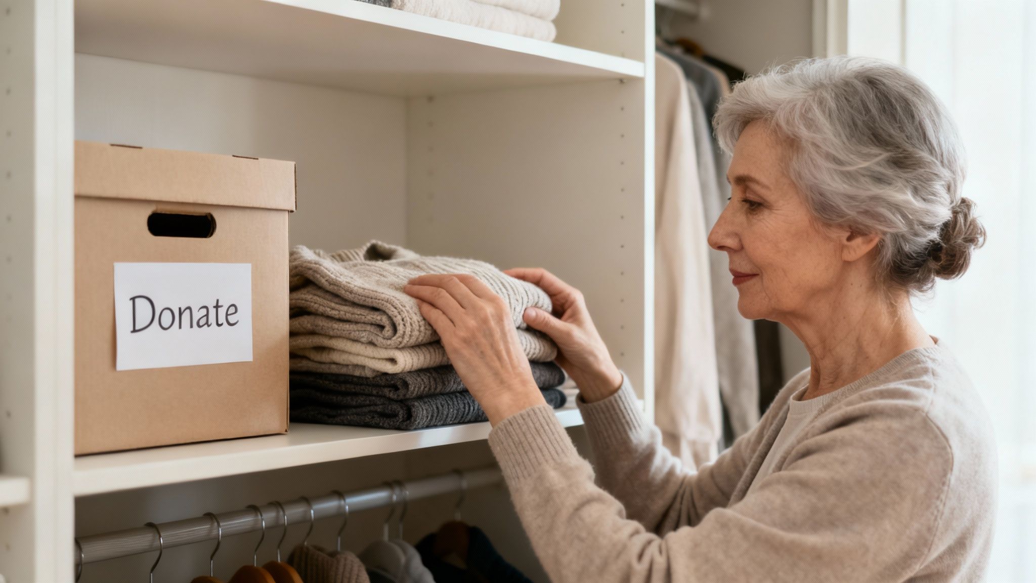 A senior woman organizes sweaters in a closet, preparing items for donation.