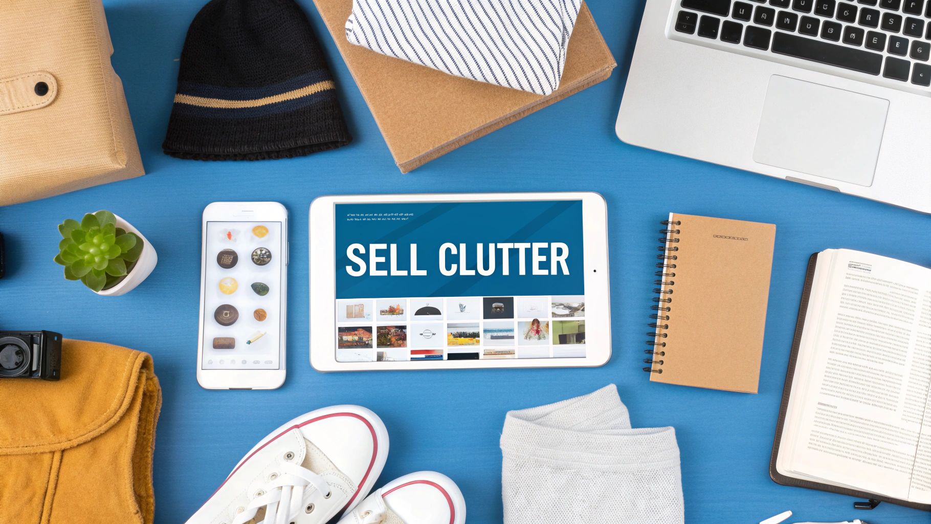 Flat lay showing a tablet with 'SELL CLUTTER' and a smartphone, surrounded by various items on a blue table.