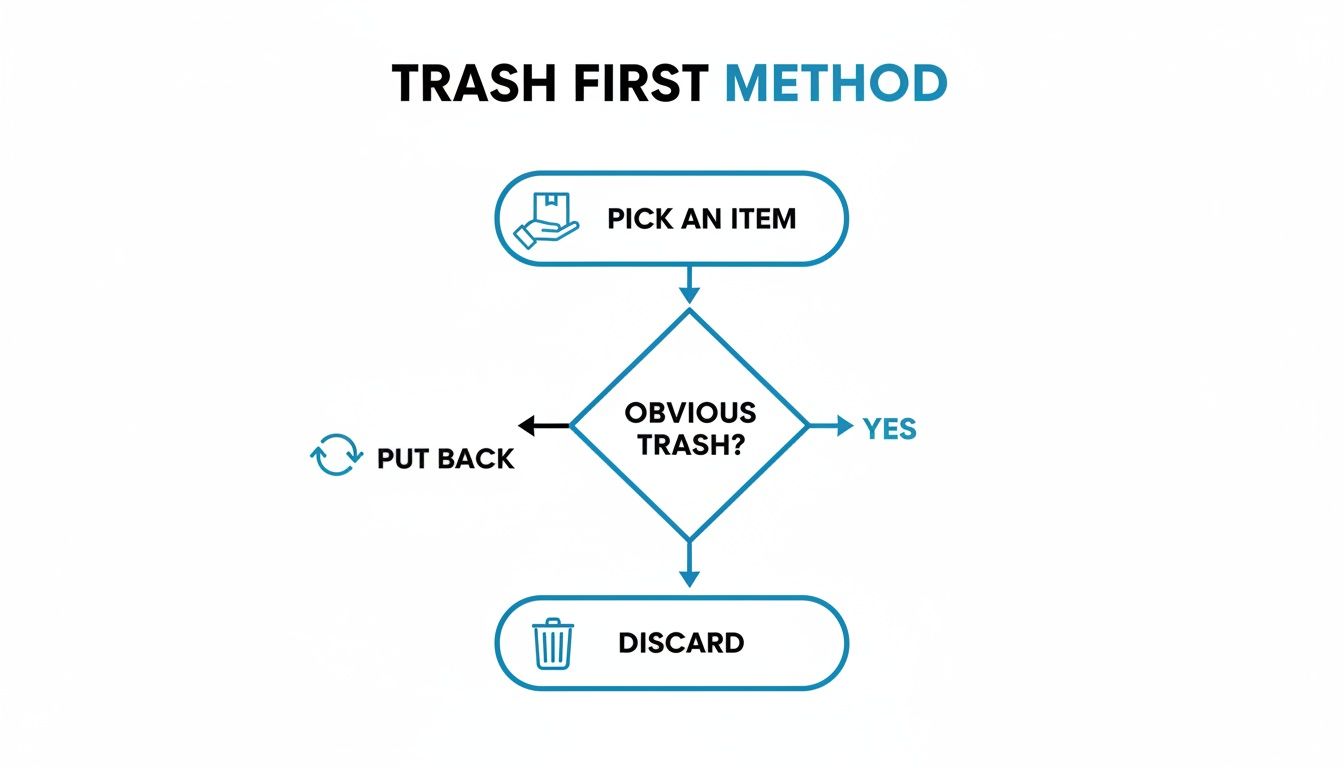 Flowchart for the 'Trash First Method,' guiding decision to discard obvious trash or put back.