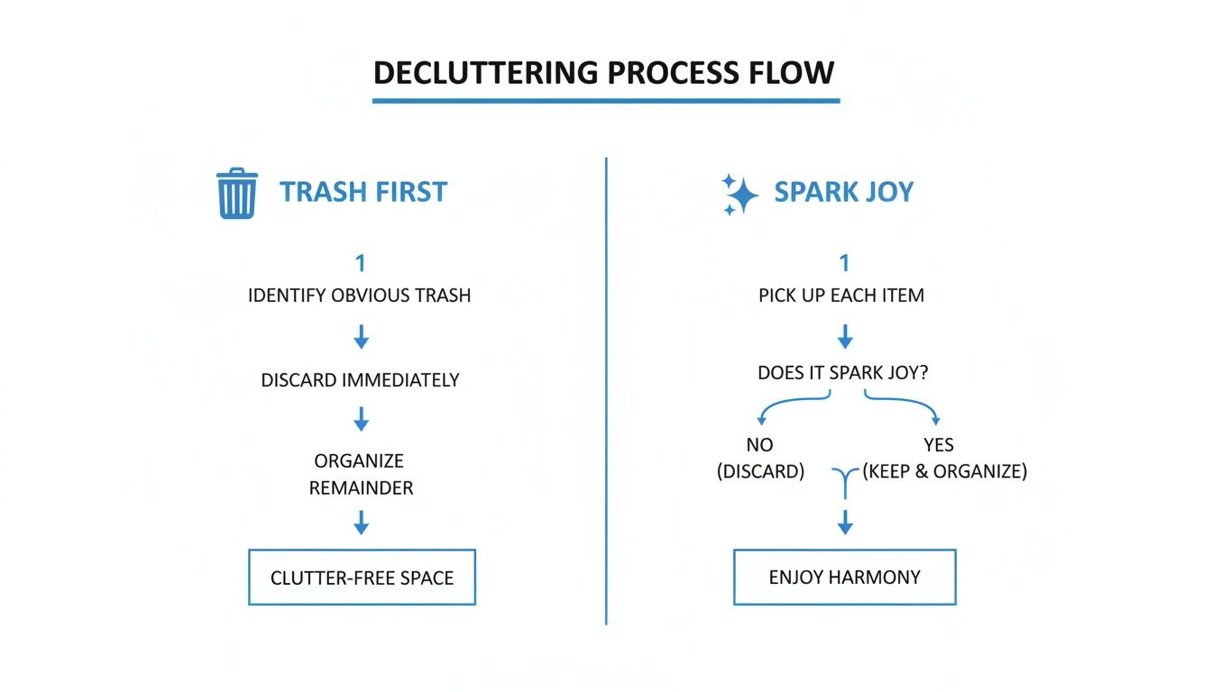 Decluttering process flow diagram illustrating 'Trash First' and 'Spark Joy' methods for organizing.