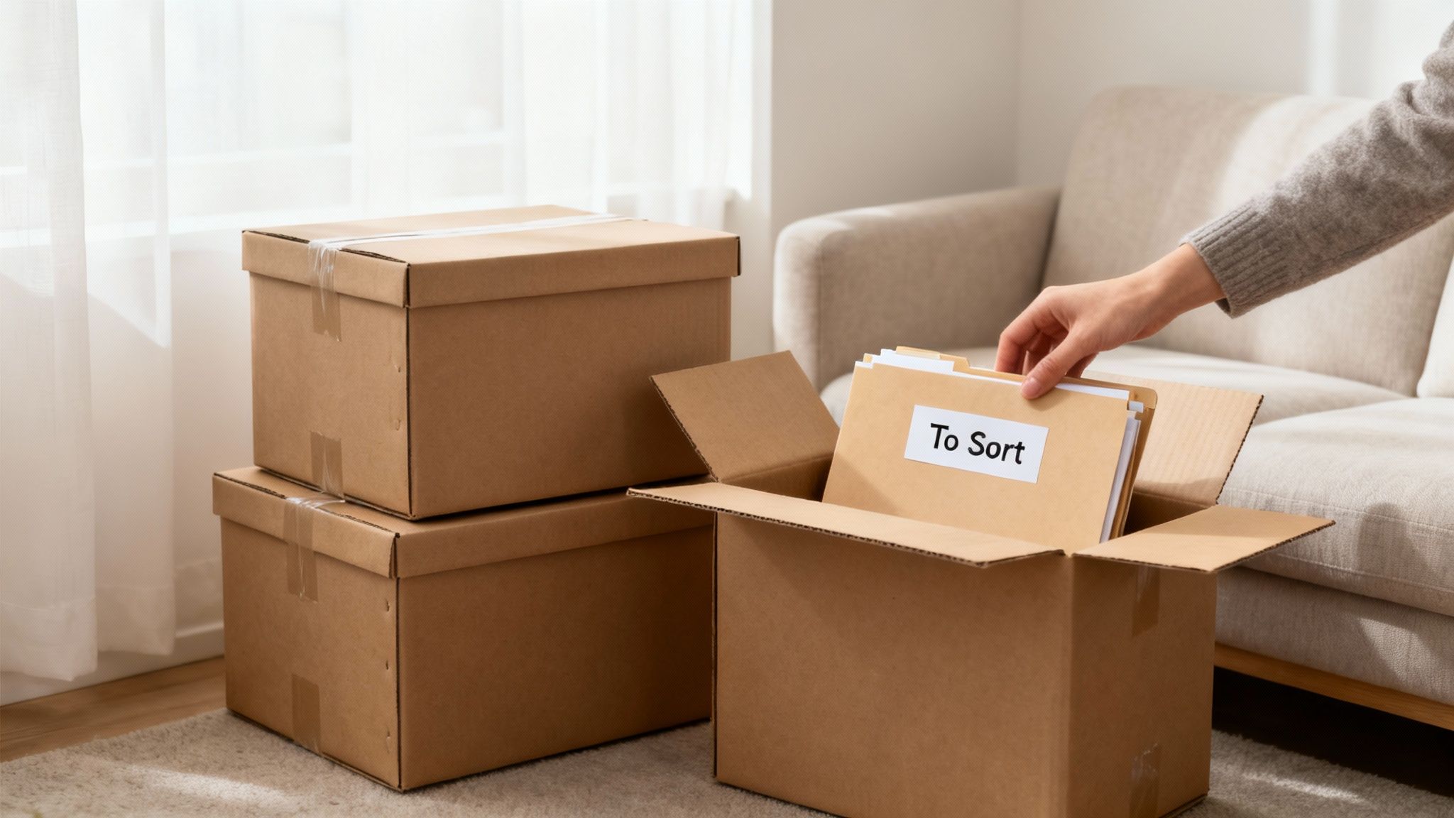Person's hand sorting documents labeled 'To Sort' from an open moving box, surrounded by other packed boxes.