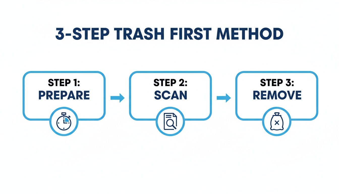 A visual guide outlining the 3-step 'Trash First Method' for decluttering and organizing.