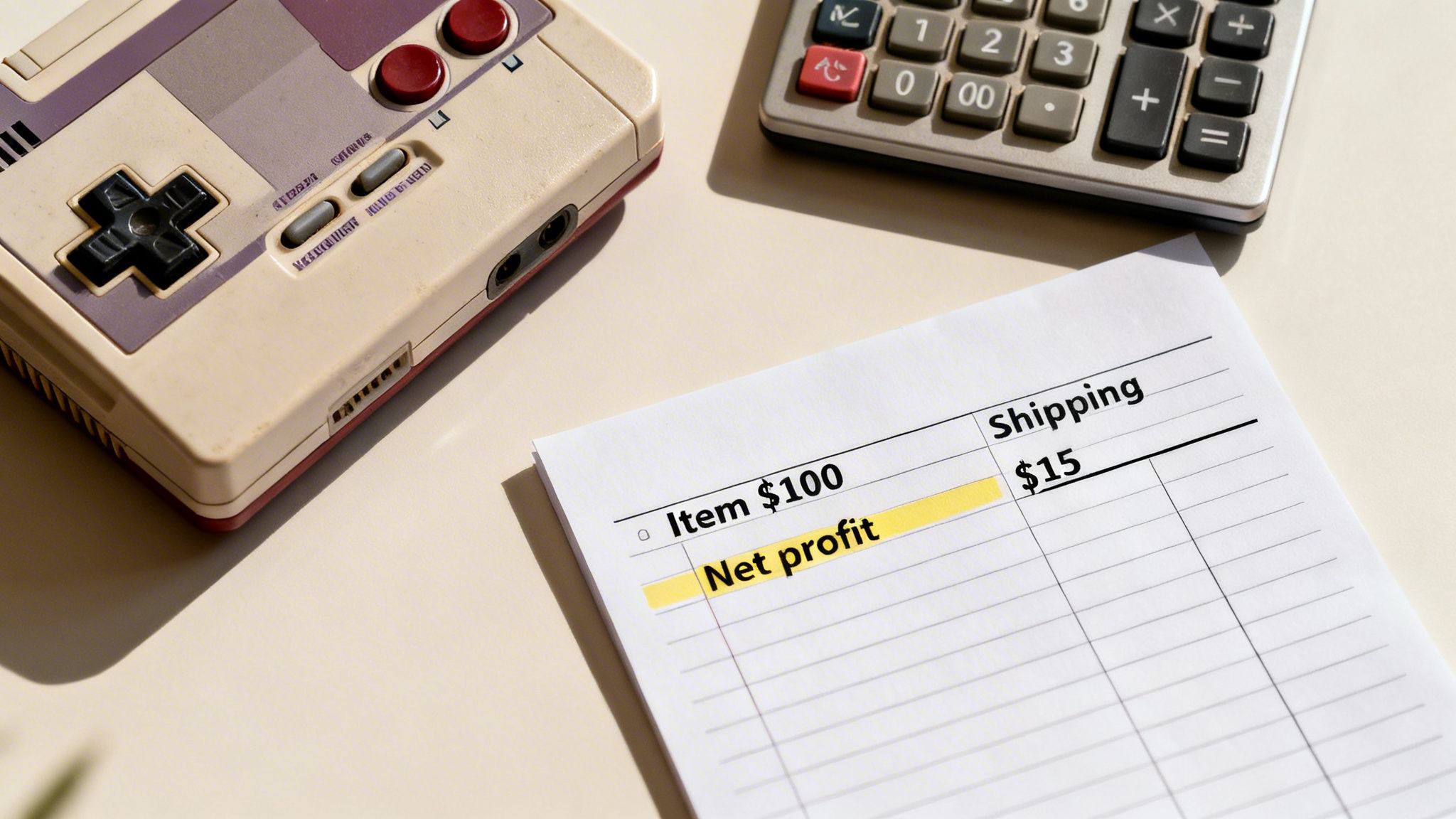 A retro video game controller, calculator, and paper showing item price, shipping cost, and net profit calculation.