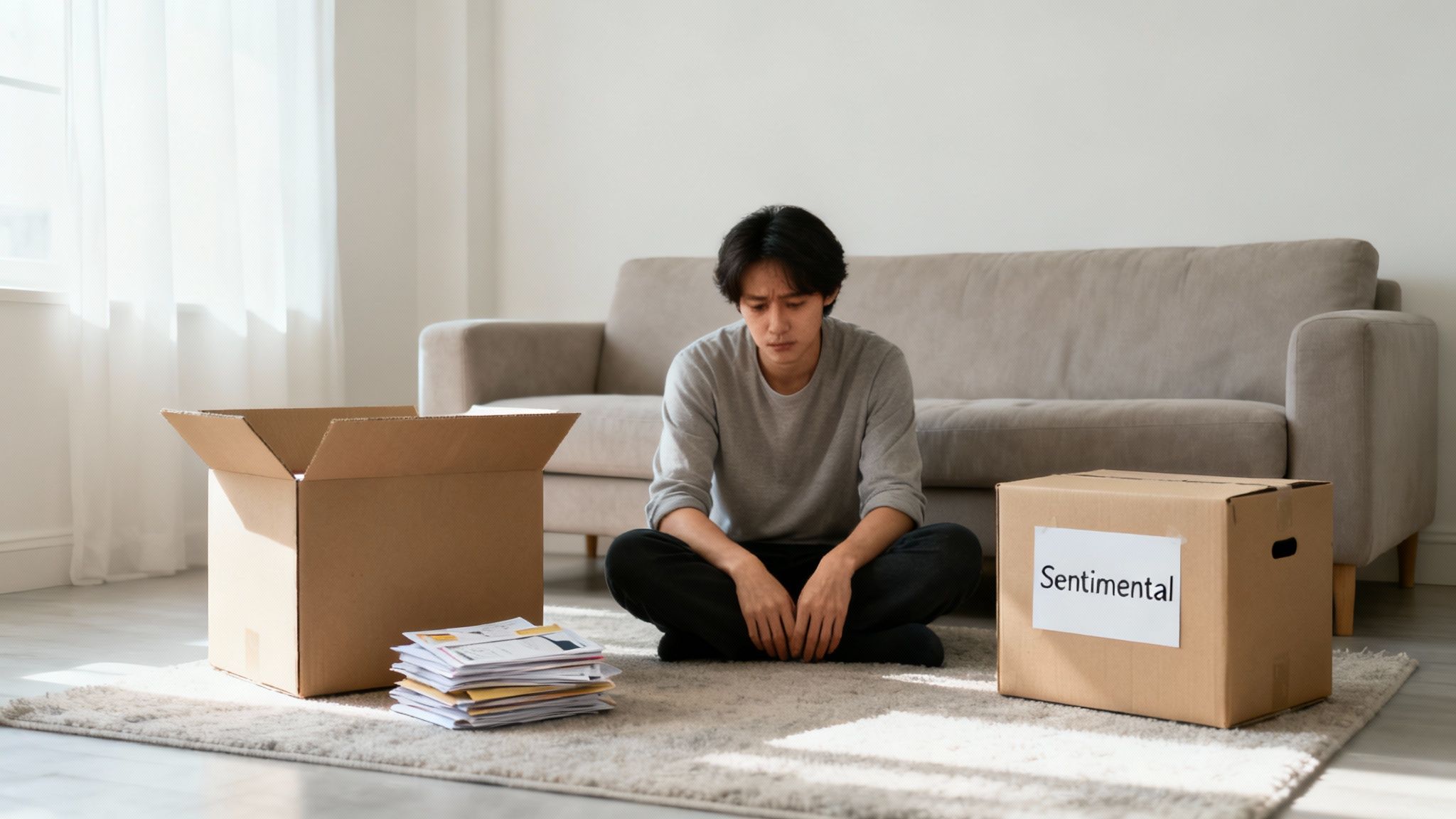 A sad young Asian man sits on the floor surrounded by moving boxes and papers, with one box labeled 'Sentimental'.