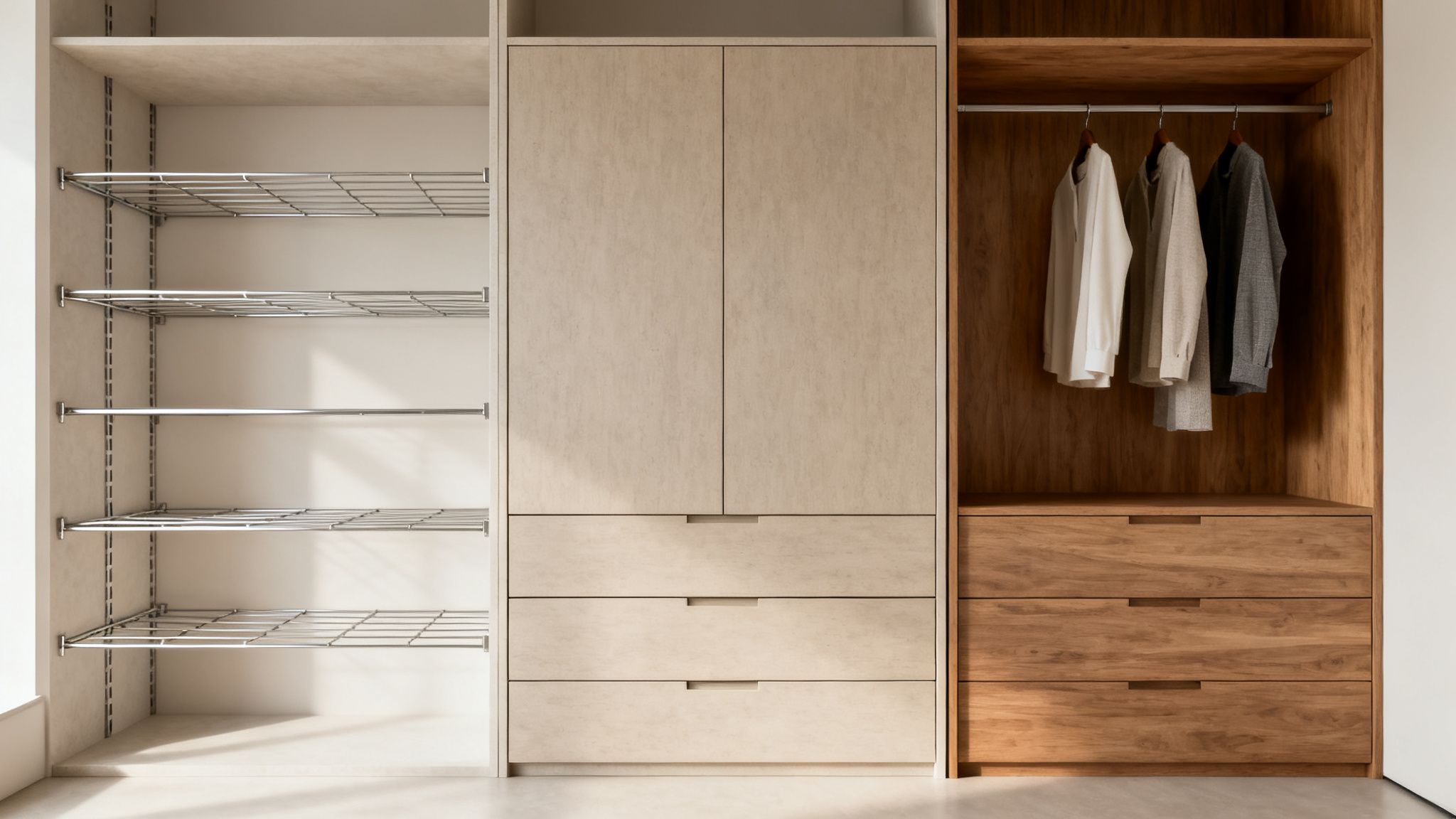 A modern closet organization system featuring light shelves, closed cabinets, and a dark wood wardrobe with clothes.