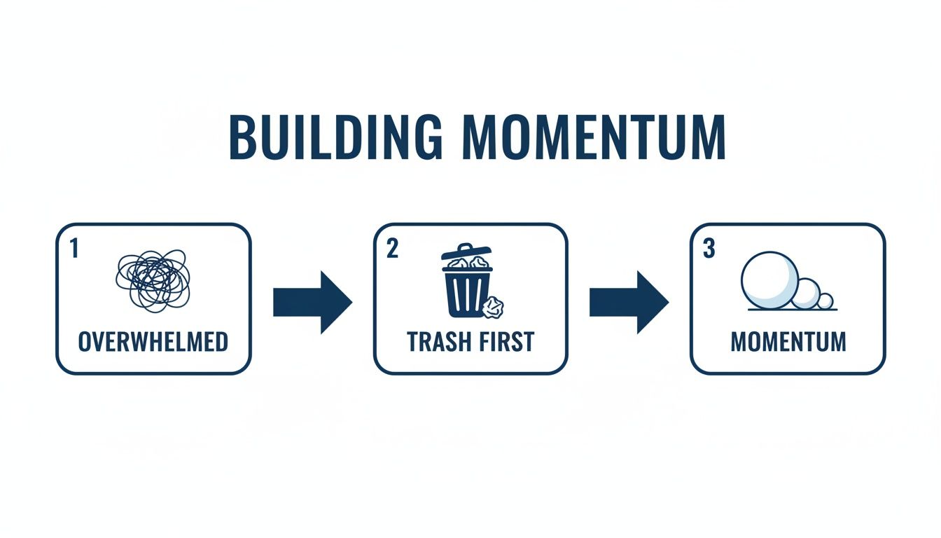Diagram showing a three-step process to build momentum: from overwhelmed to trash first, leading to progress.