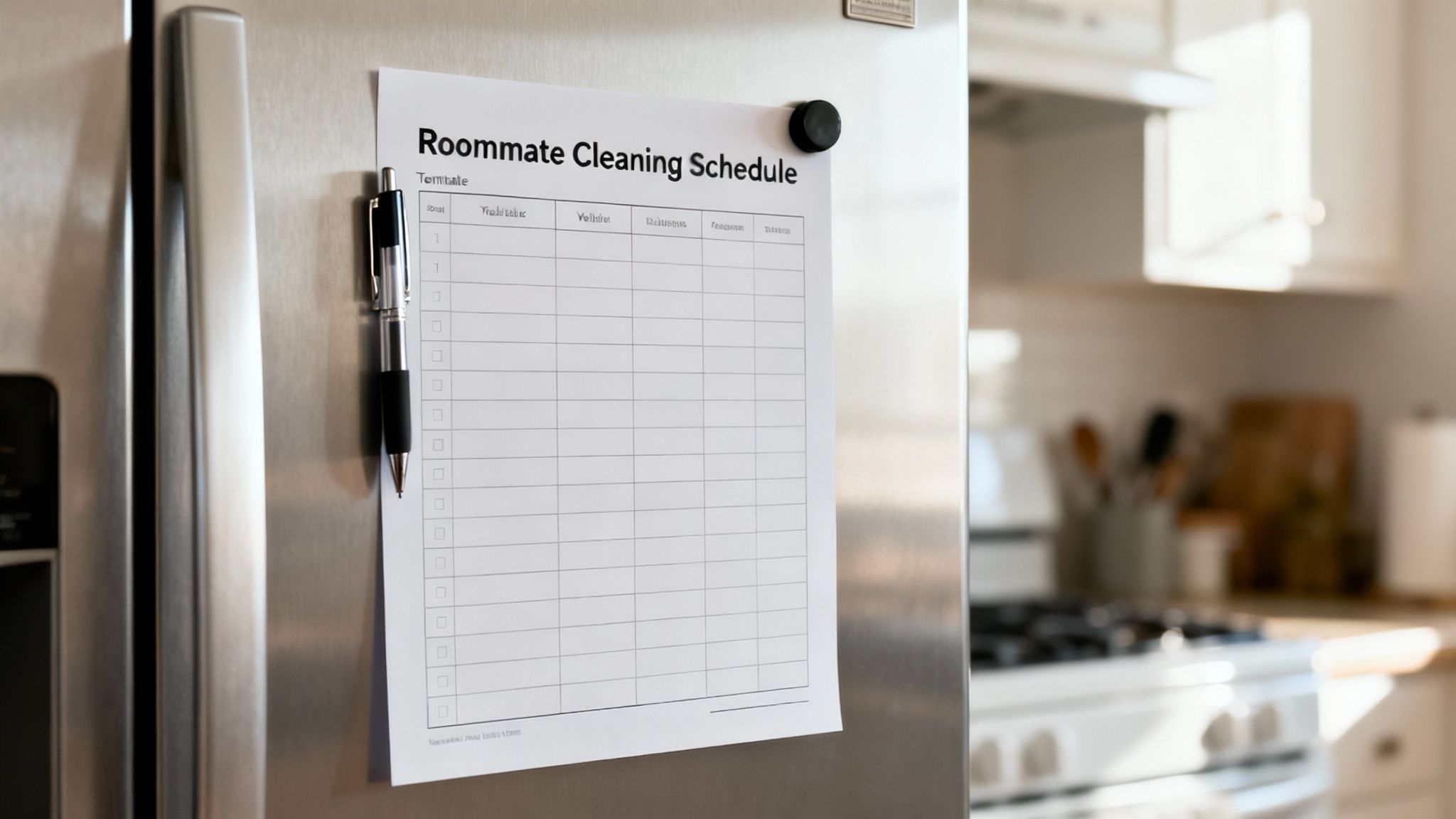 A roommate cleaning schedule template and a pen are attached to a stainless steel refrigerator in a bright kitchen.