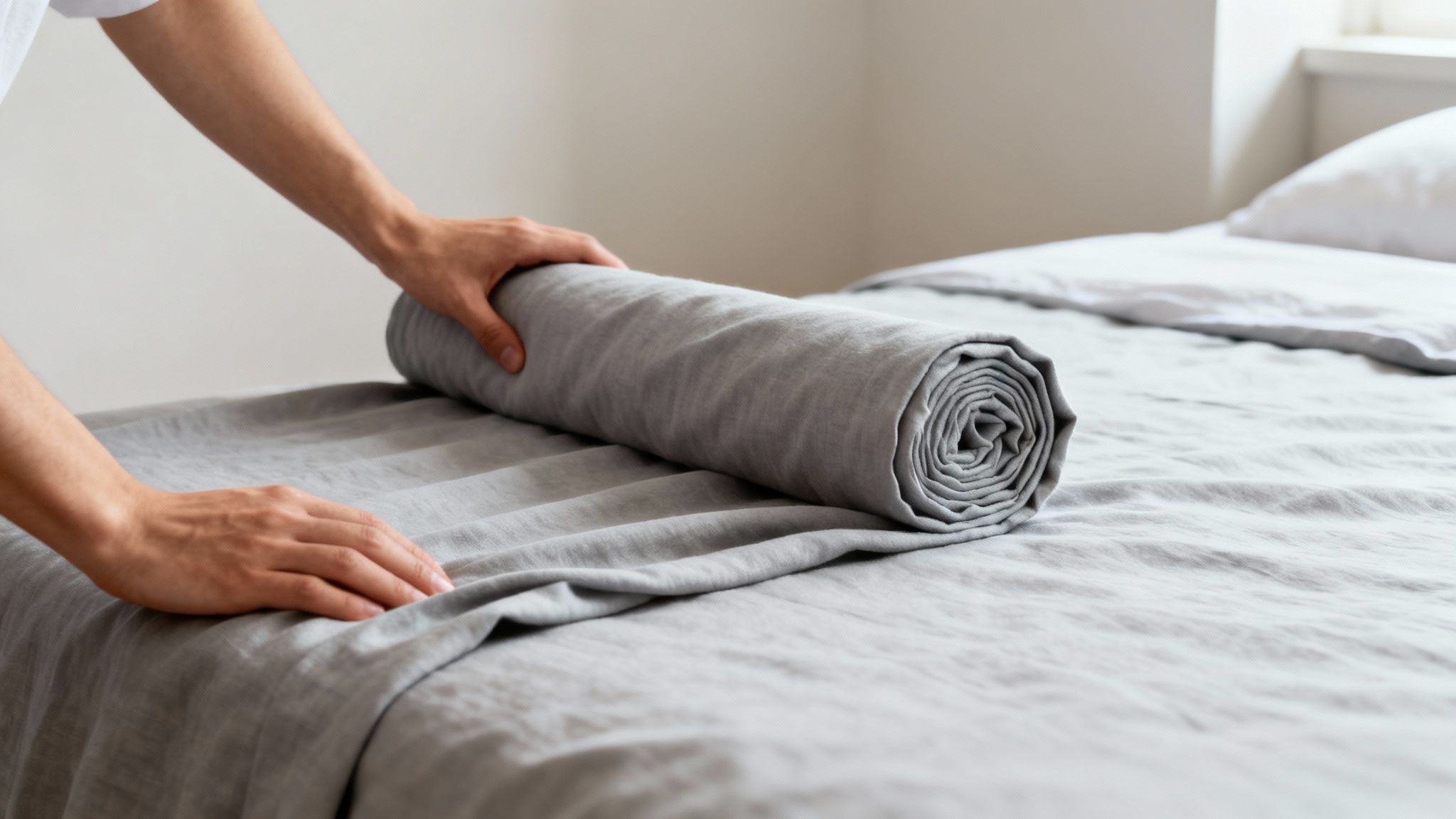 Close-up of hands neatly rolling a soft grey linen fitted sheet on a white bed.