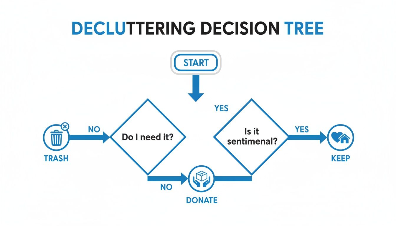 A decluttering decision tree flowchart showing steps to decide whether to trash, donate, or keep items.