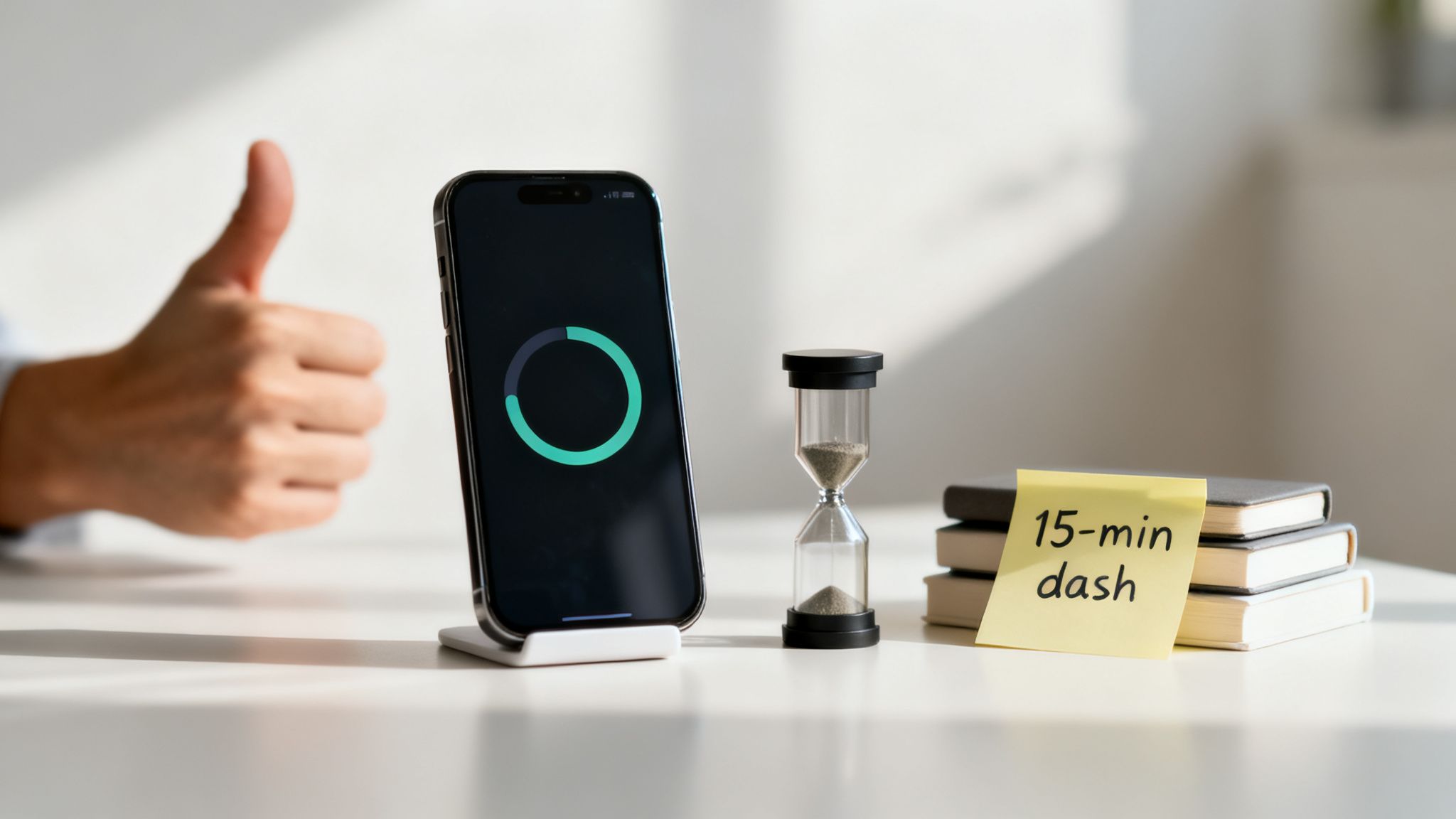 A hand giving thumbs-up, phone showing progress, hourglass, and '15-min dash' note on books, symbolizing time management.