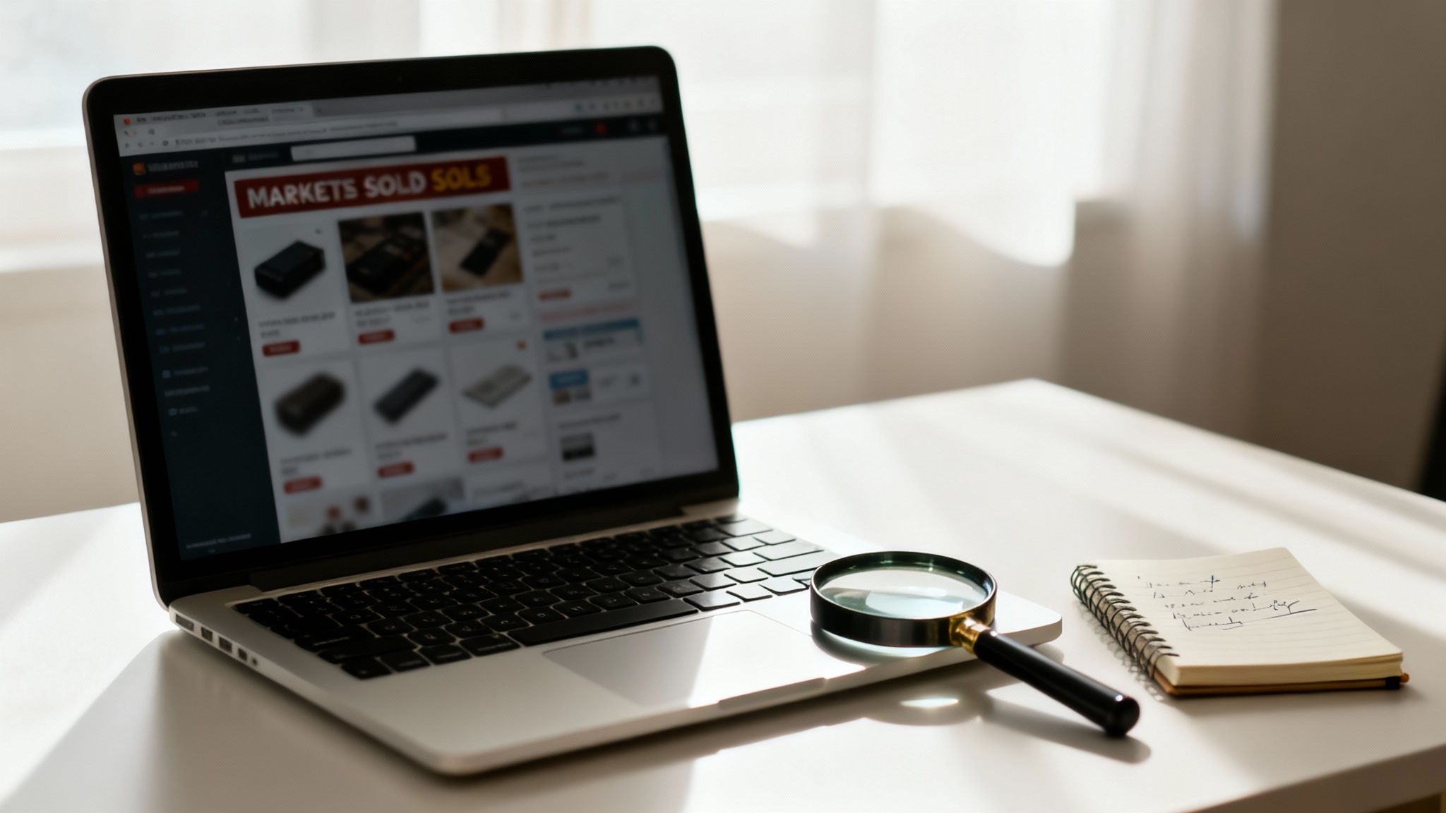 Laptop displaying an online marketplace with sold items, a magnifying glass, and a notebook for research.