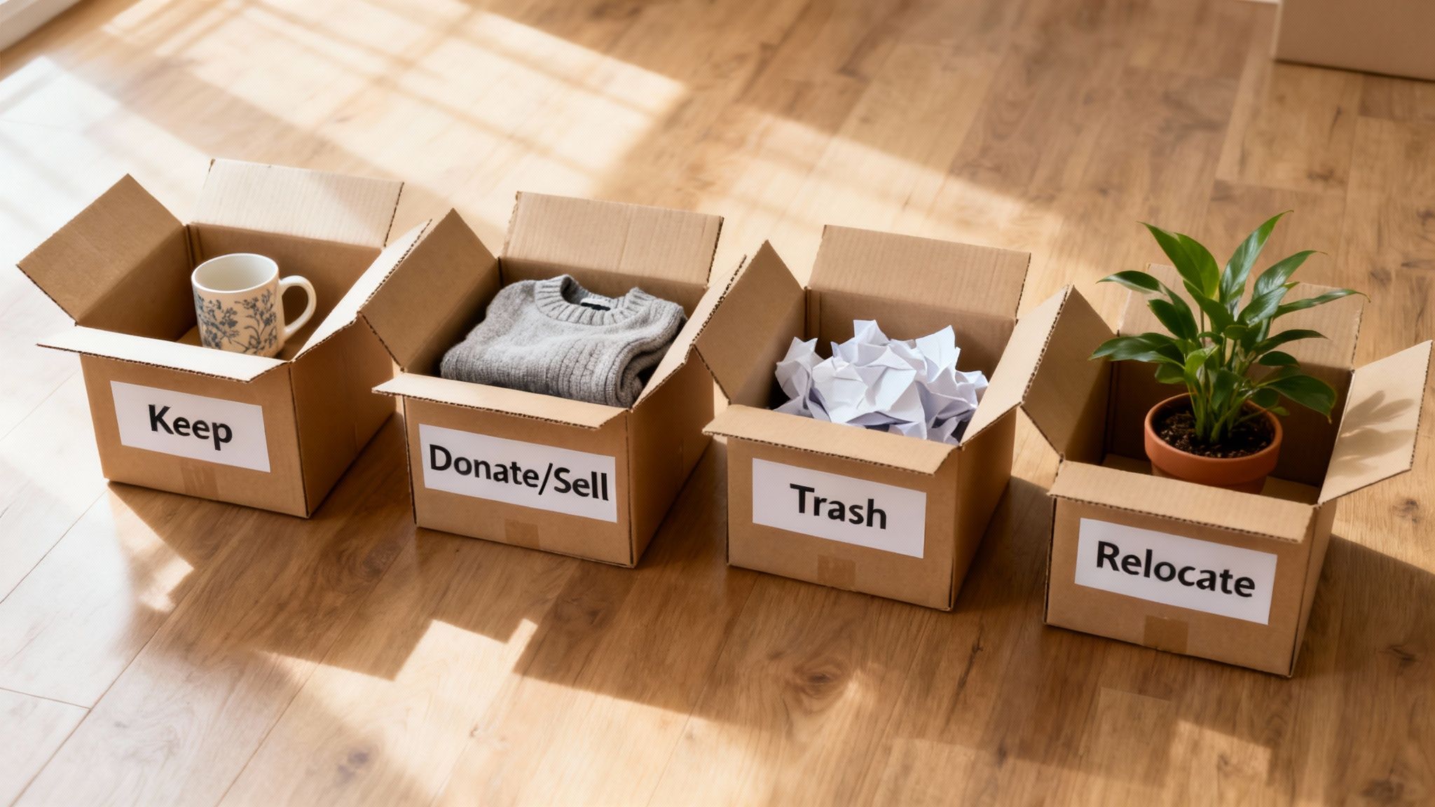 Four cardboard boxes labeled Keep, Donate/Sell, Trash, Relocate, on a wooden floor.