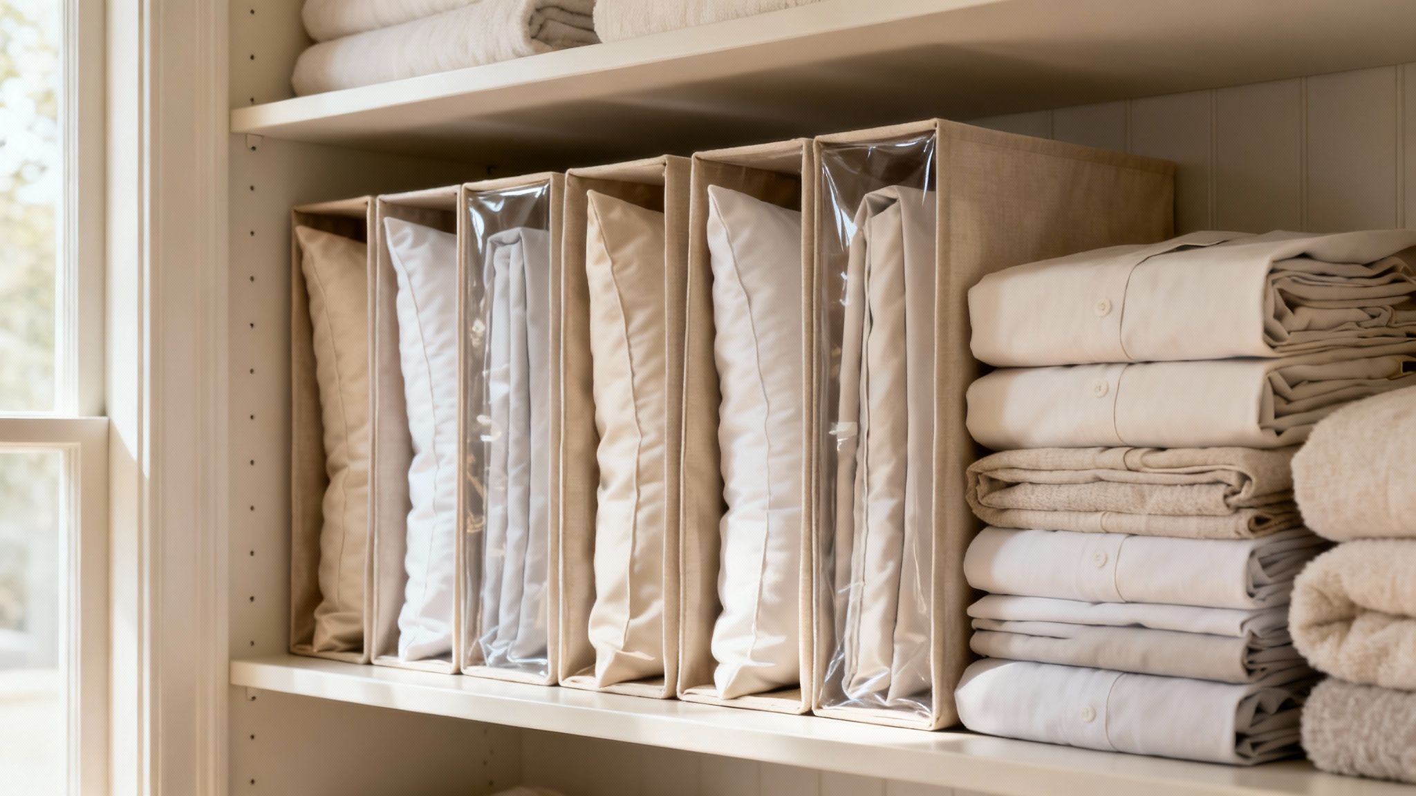 Neatly organized linen closet with folded sheets, pillows in clear bags, and stacked towels.