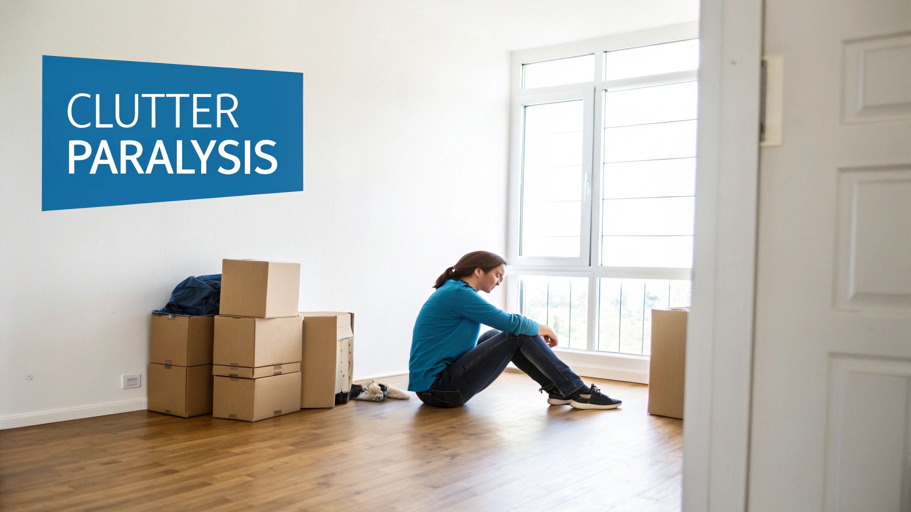 A woman sits overwhelmed on the floor amidst moving boxes, illustrating 'clutter paralysis'.