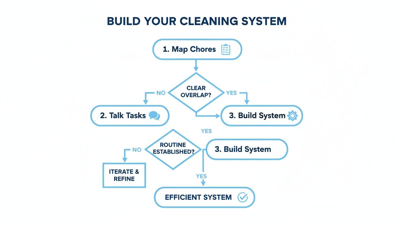 Flowchart illustrating steps to build an efficient cleaning system, including mapping chores, discussing tasks, and establishing routines.