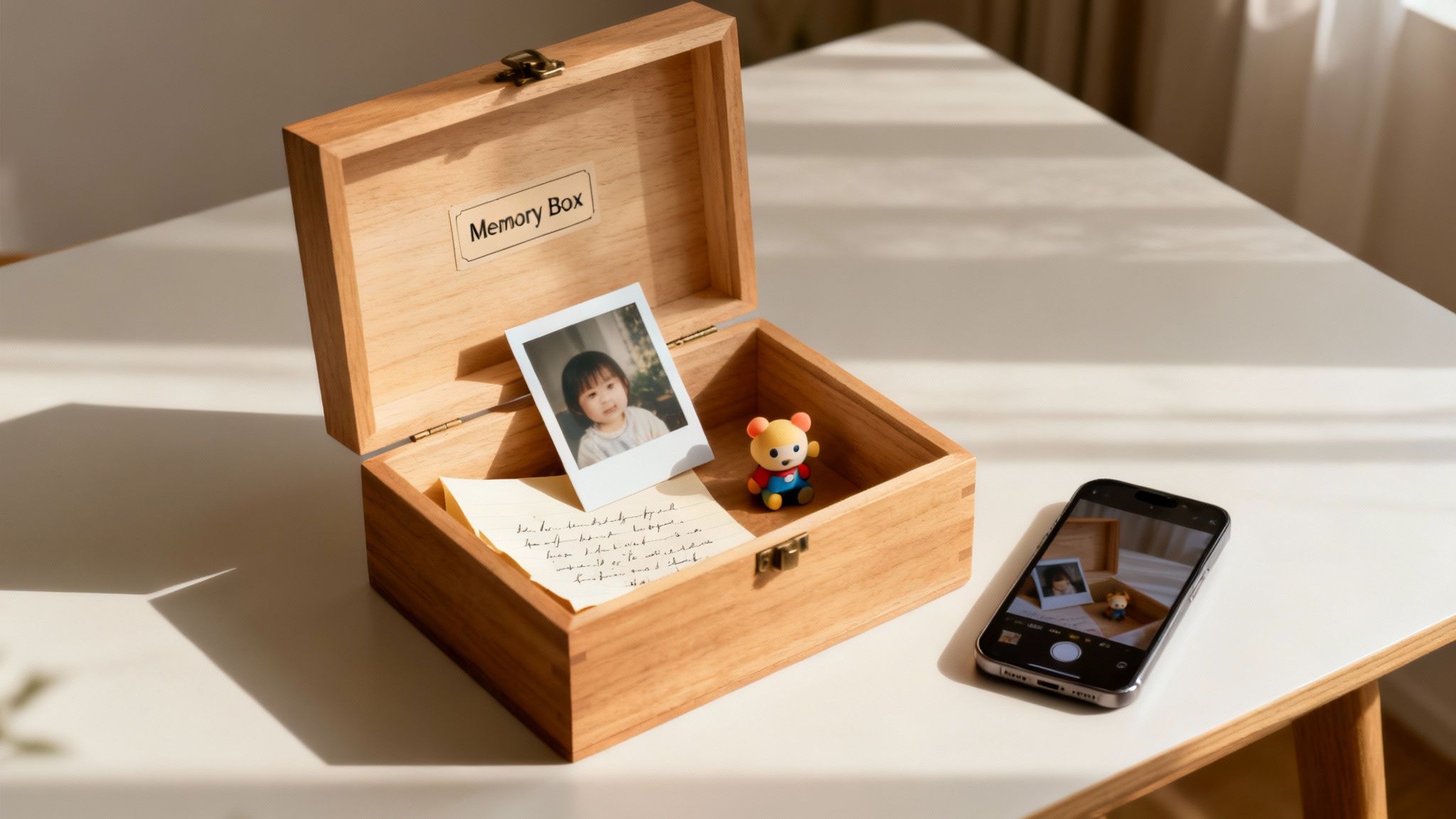 An open wooden memory box contains a polaroid photo of a child, a note, and a toy bear on a sunny table.